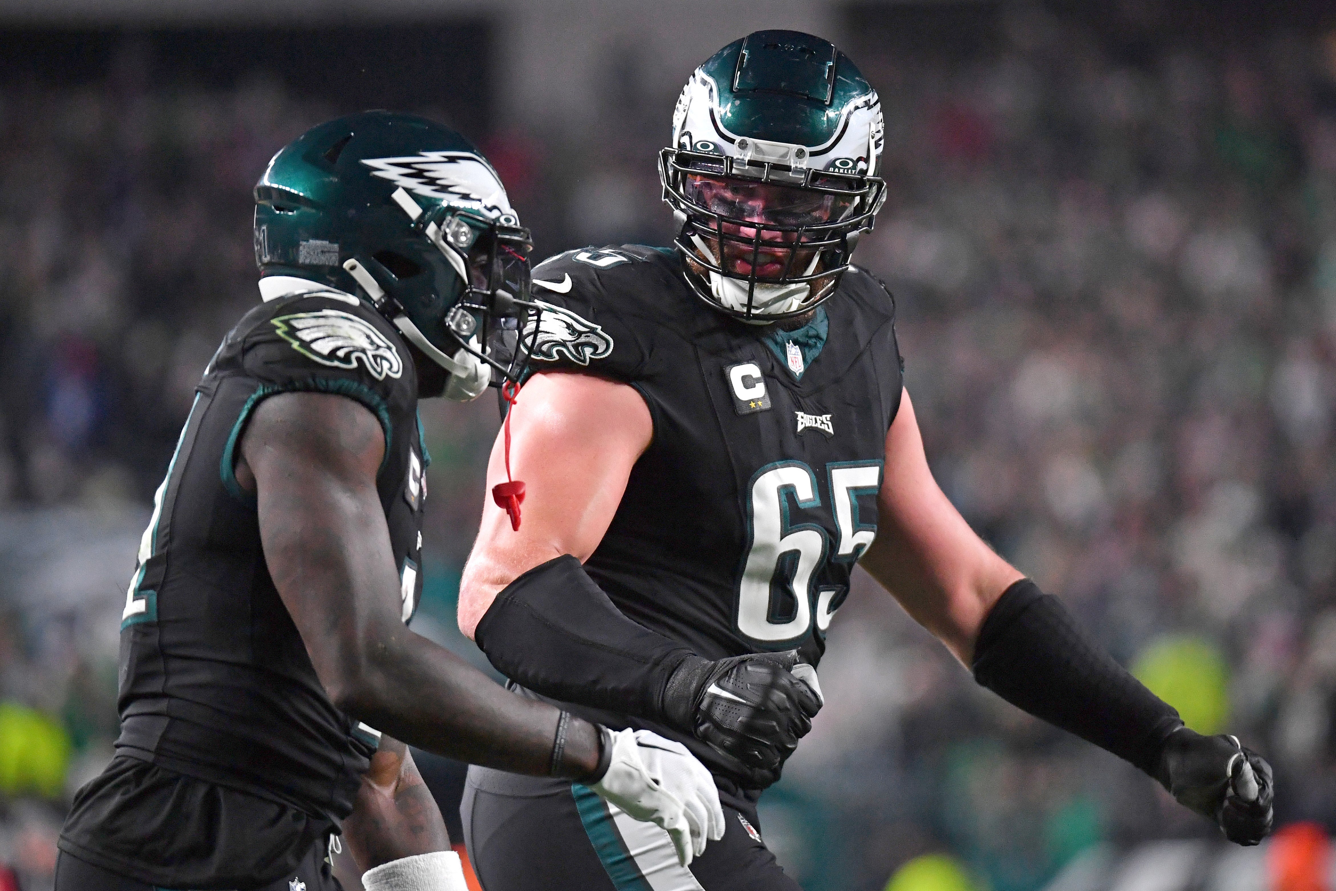 Philadelphia Eagles wide receiver A.J. Brown (11) and offensive tackle Lane Johnson (65) against the New York Giants at Lincoln Financial Field.