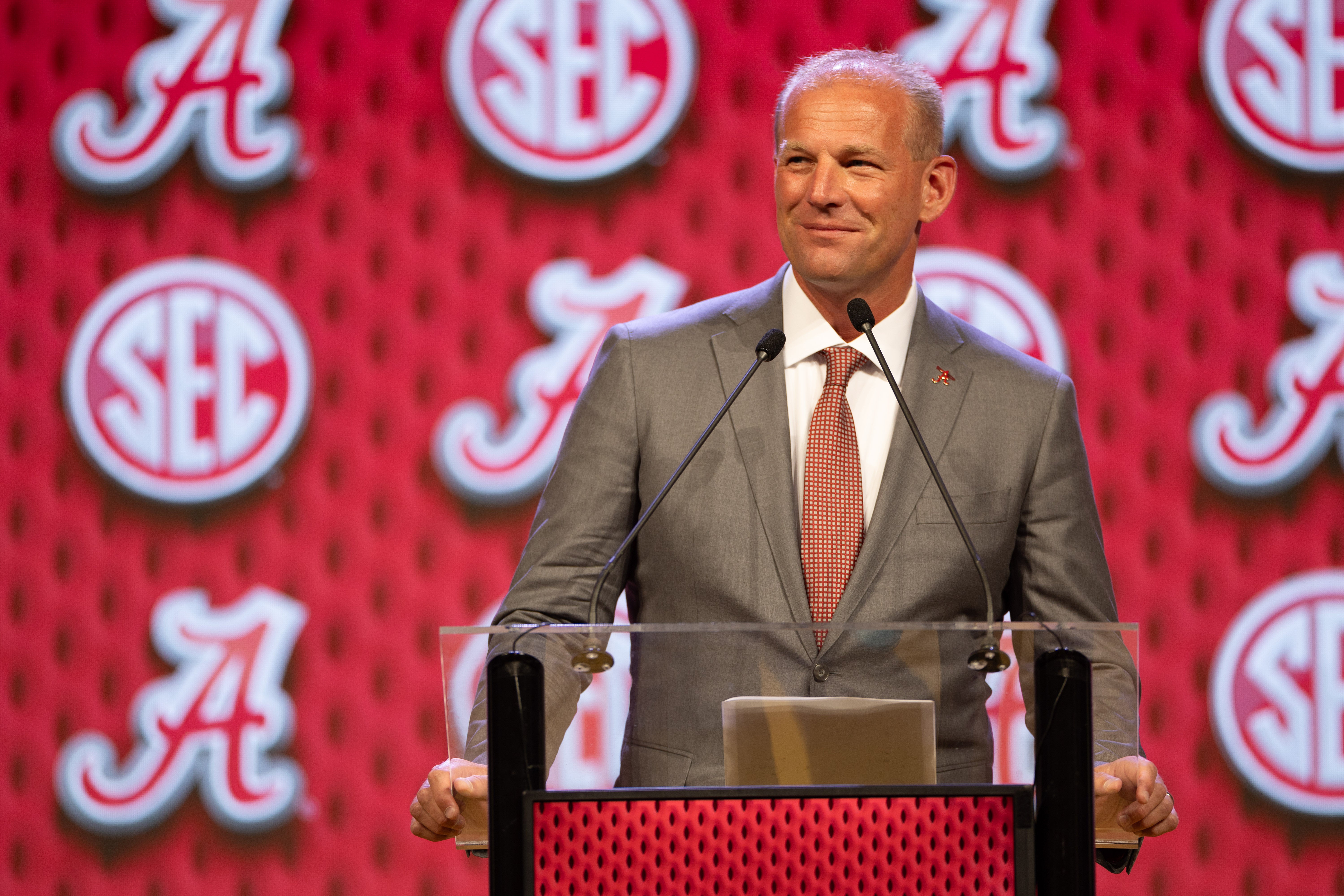  Jul 17, 2024; Dallas, TX, USA; Alabama head coach Kalen DeBoer speaking at Omni Dallas Hotel. Mandatory Credit: Brett Patzke-USA TODAY Sports