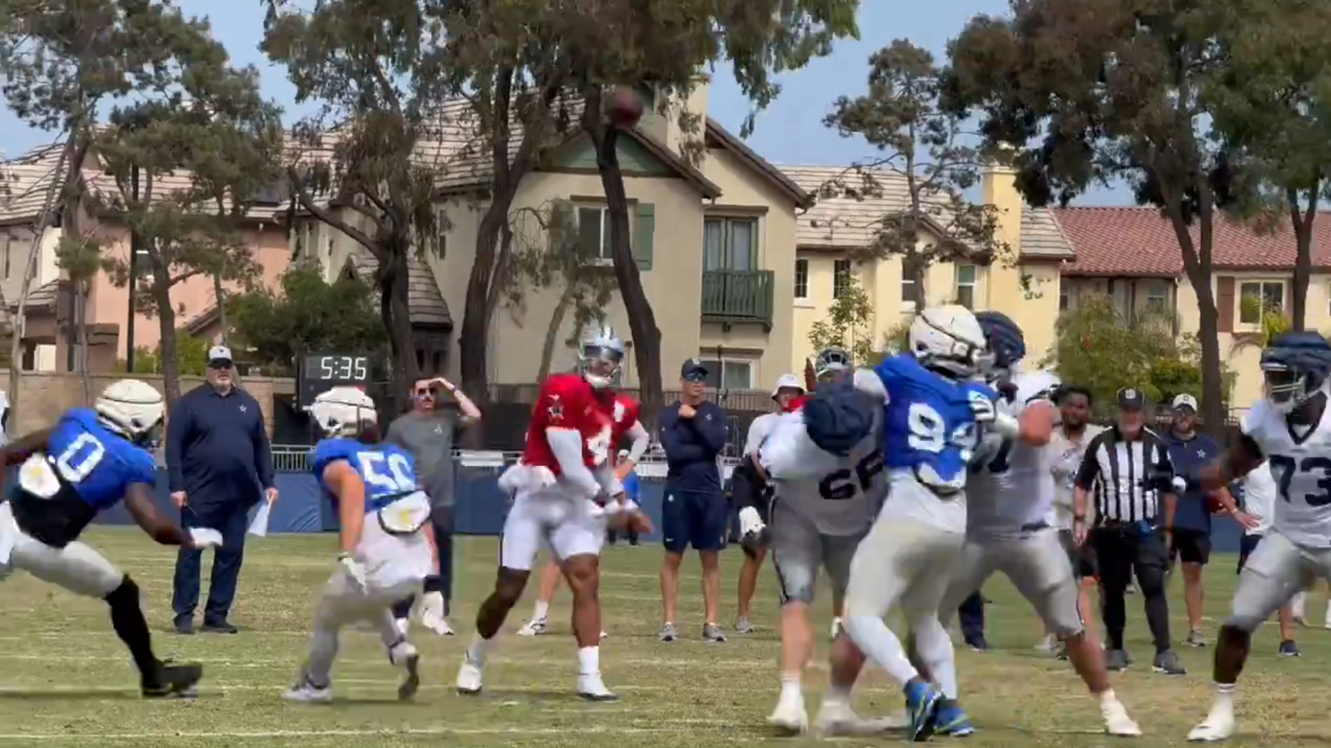 Dallas Cowboys QB Dak Prescott finds Brandin Cooks for the touchdown in joint practice vs. the Los Angeles Rams.