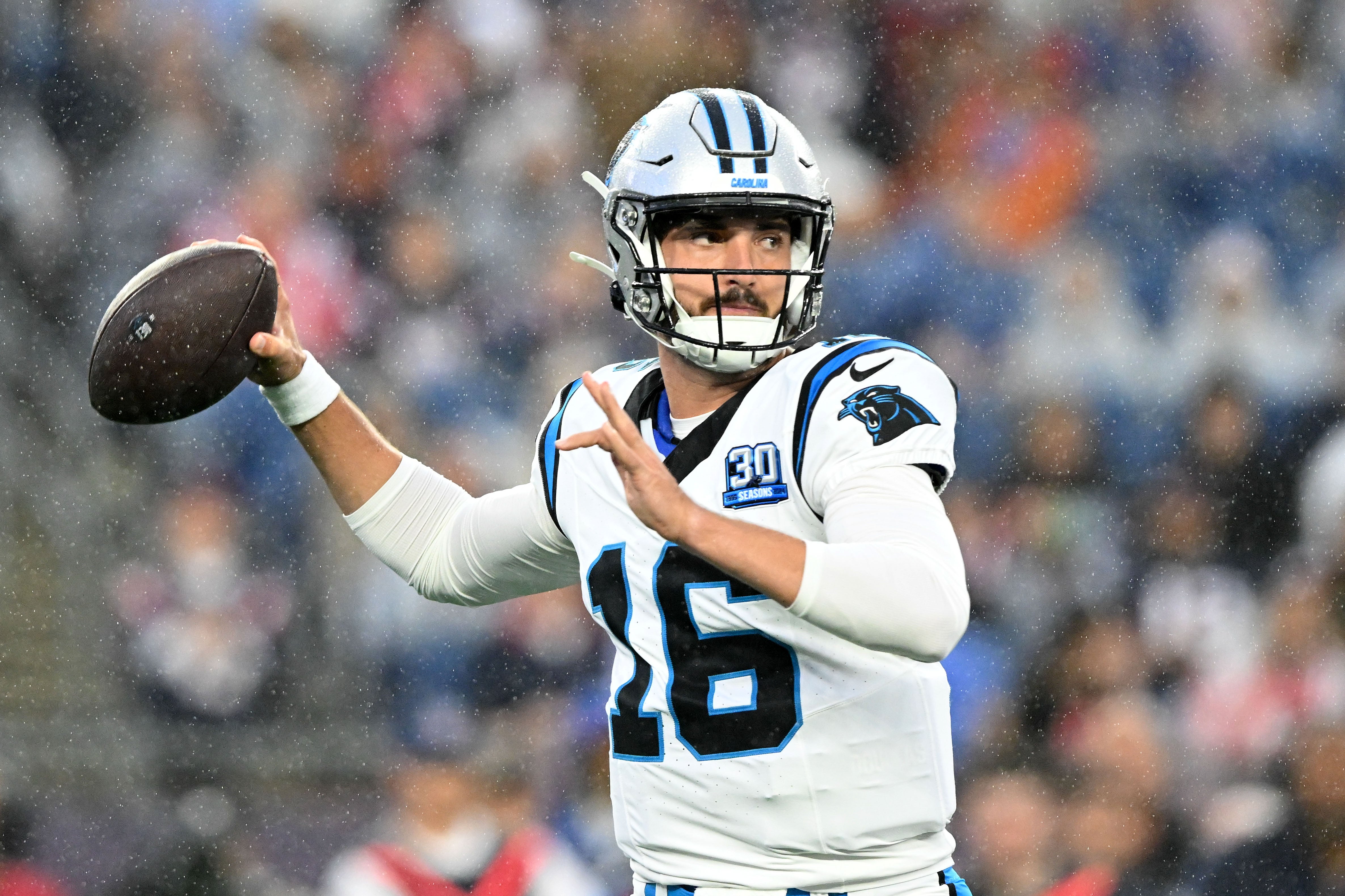 Aug 8, 2024; Foxborough, Massachusetts, USA; Carolina Panthers Jack Plummer (16) looks to throw against the New England Patriots during the first half at Gillette Stadium. Mandatory Credit: Brian Fluharty-USA TODAY Sports