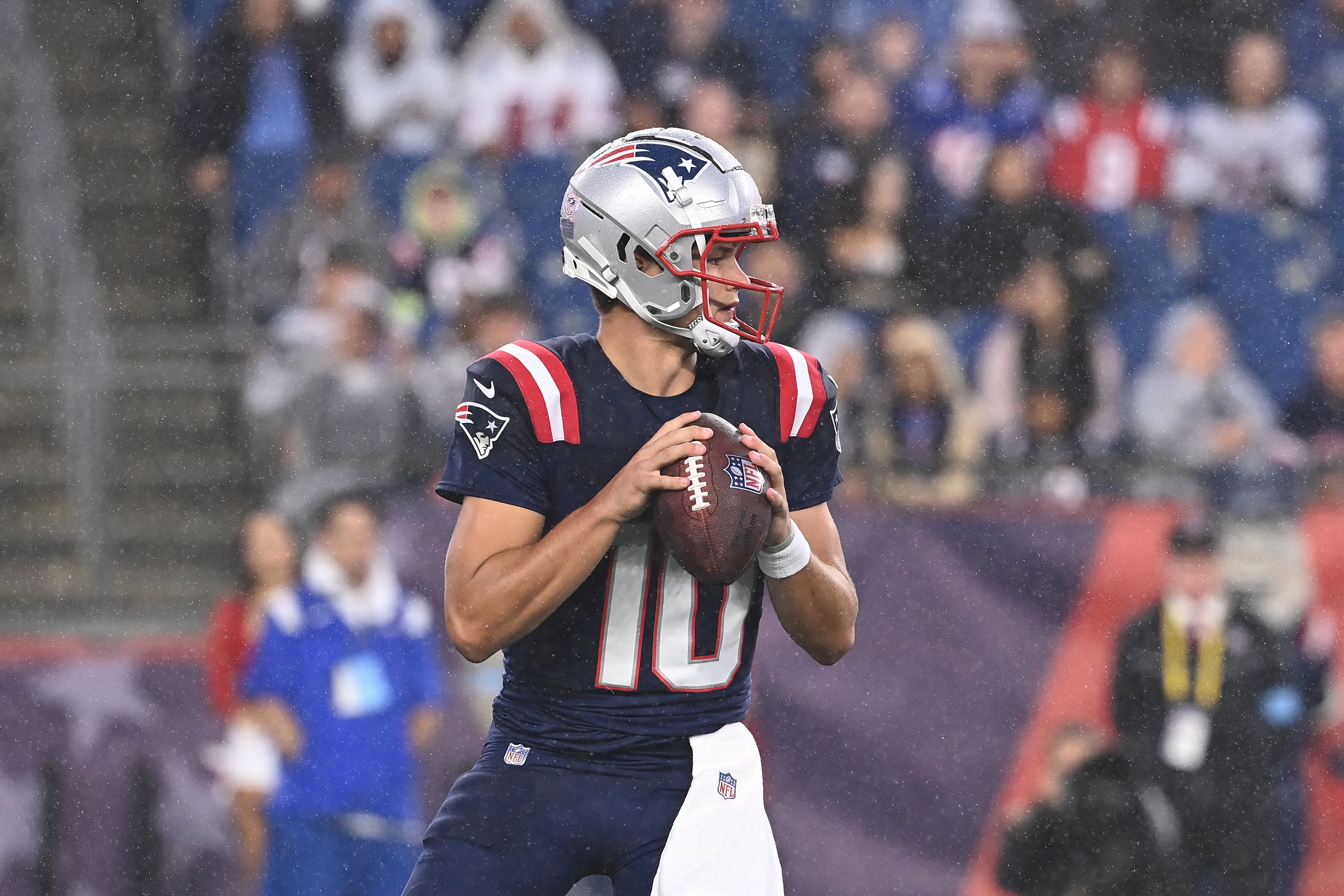 August 8, 2024; Foxborough, MA, USA; New England Patriots quarterback Drake Maye (10) throws a pass against the Carolina Panthers during the first half at Gillette Stadium.