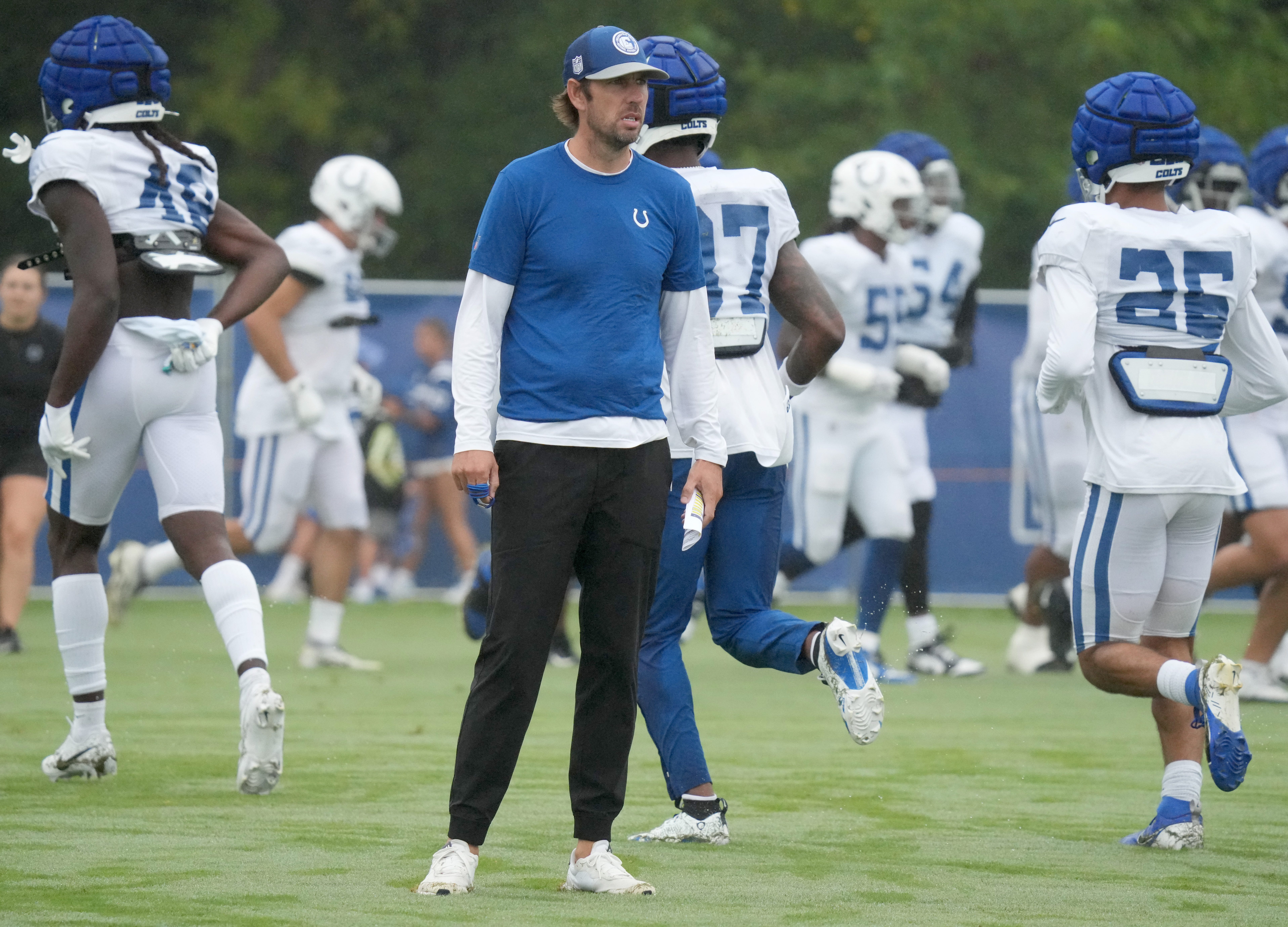 Indianapolis Colts head coach Shane Steichen watches practice during the Colts’ training camp Wednesday, Aug. 7, 2024, at Grand Park Sports Complex in Westfield.