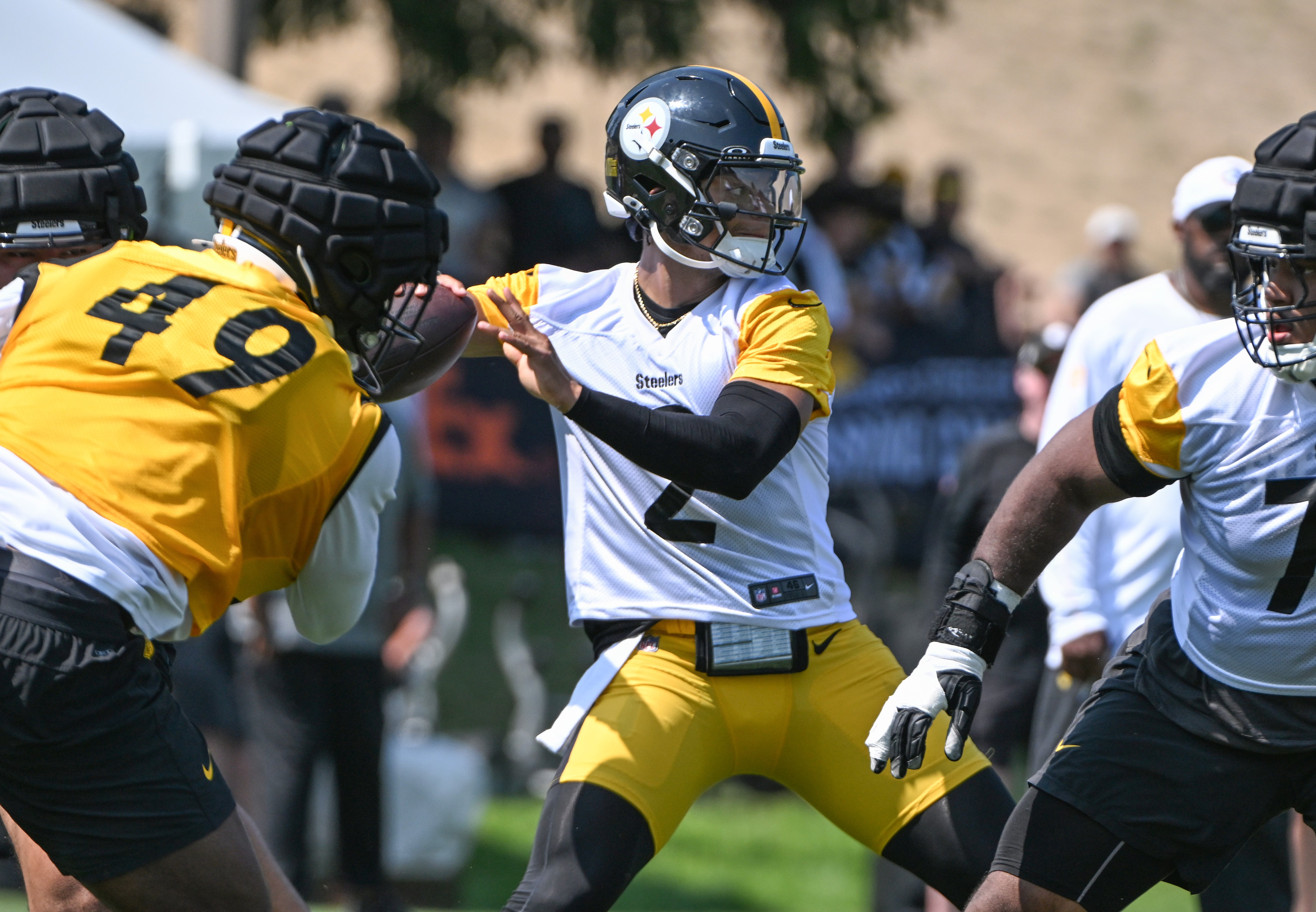 Jul 27, 2024; Latrobe, PA, USA; Pittsburgh Steelers quarterback Justin Fields participates in drills during training camp at Saint Vincent College. Mandatory Credit: Barry Reeger-USA TODAY Sports
