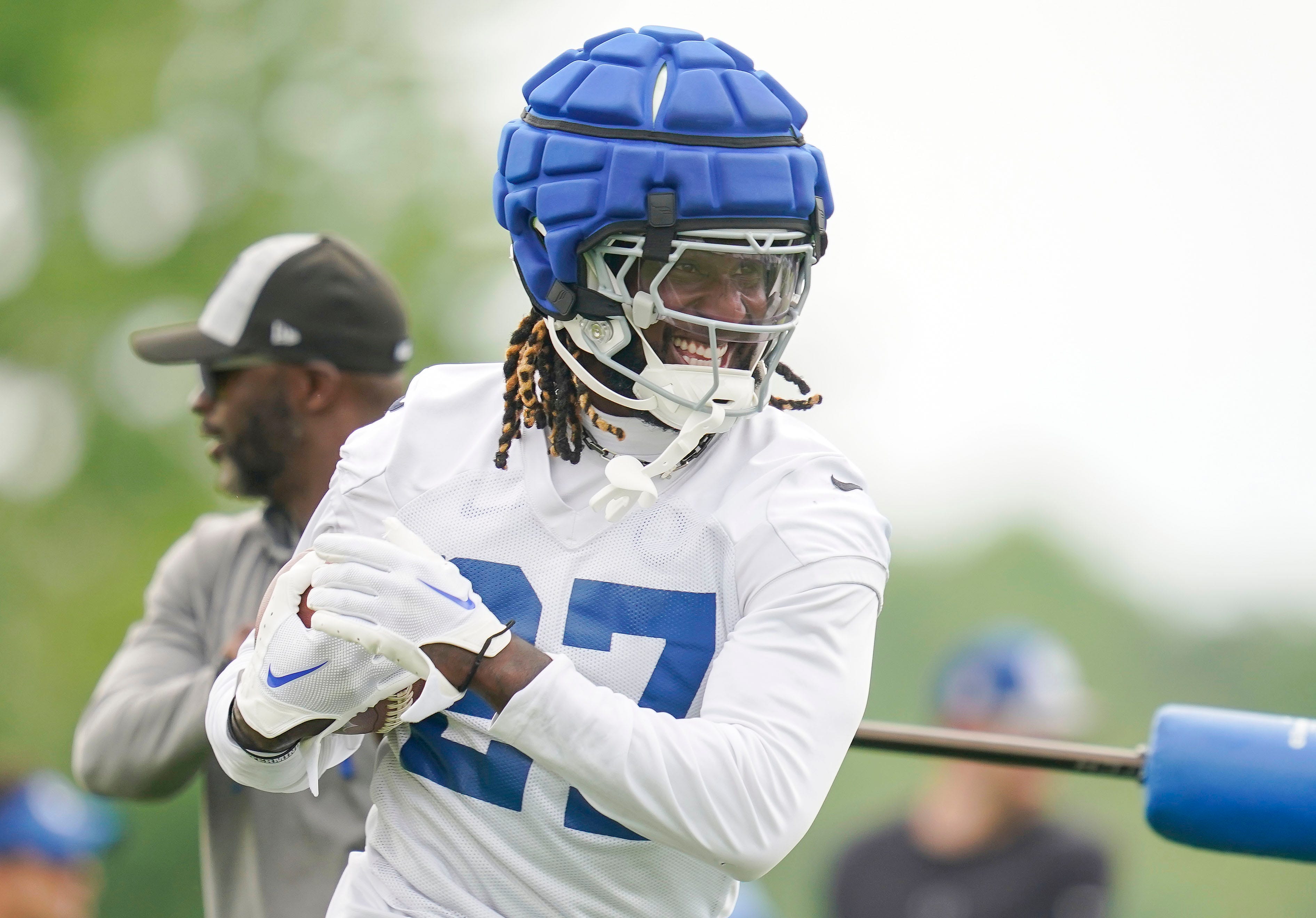 Indianapolis Colts running back Trey Sermon (27) runs drills Wednesday, June 5, 2024, during practice at the Colts Practice Facility in Indianapolis.