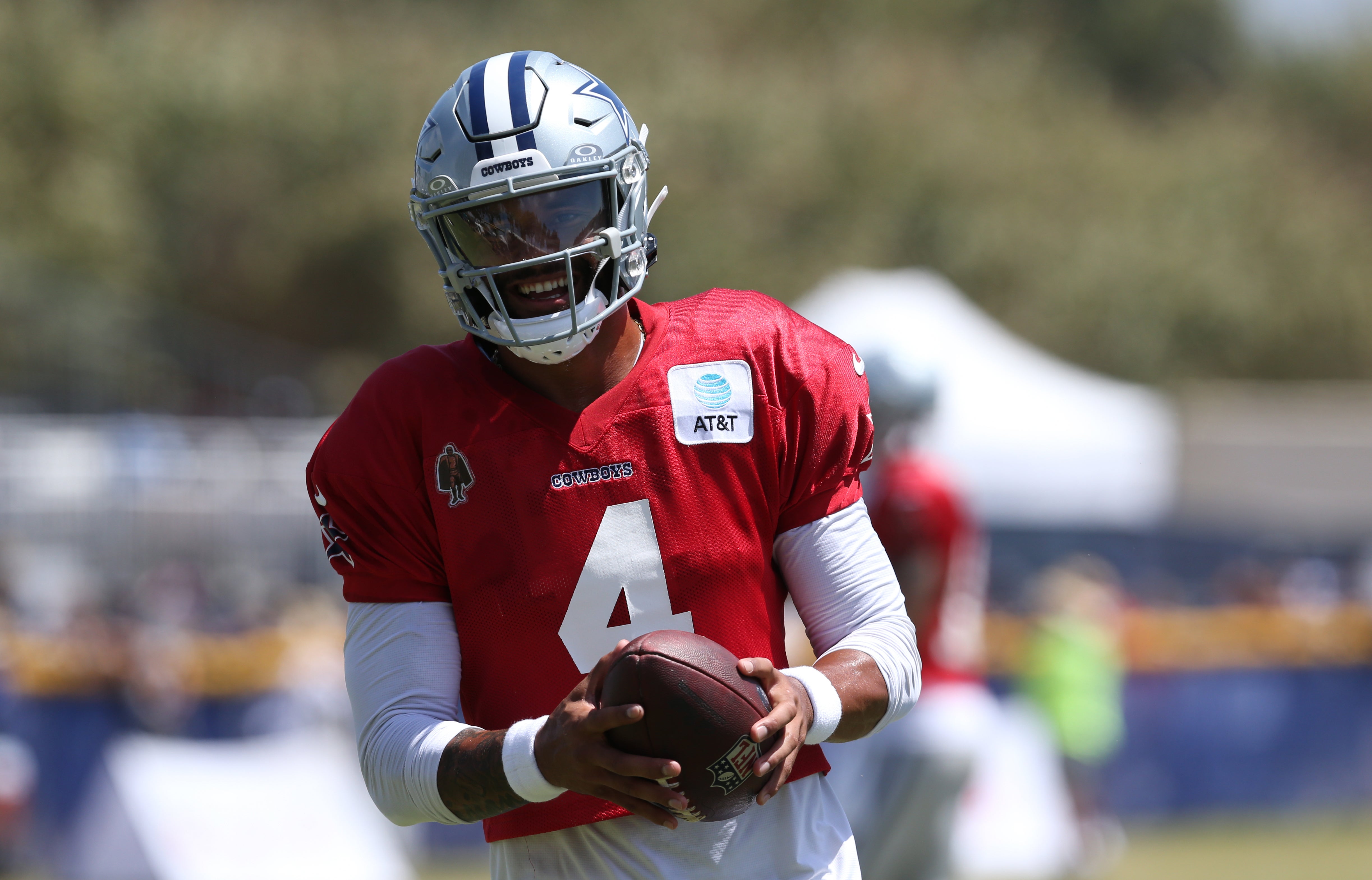 Dallas Cowboys quarterback Dak Prescott (4) during training camp at the River Ridge Playing Fields in Oxnard, California.