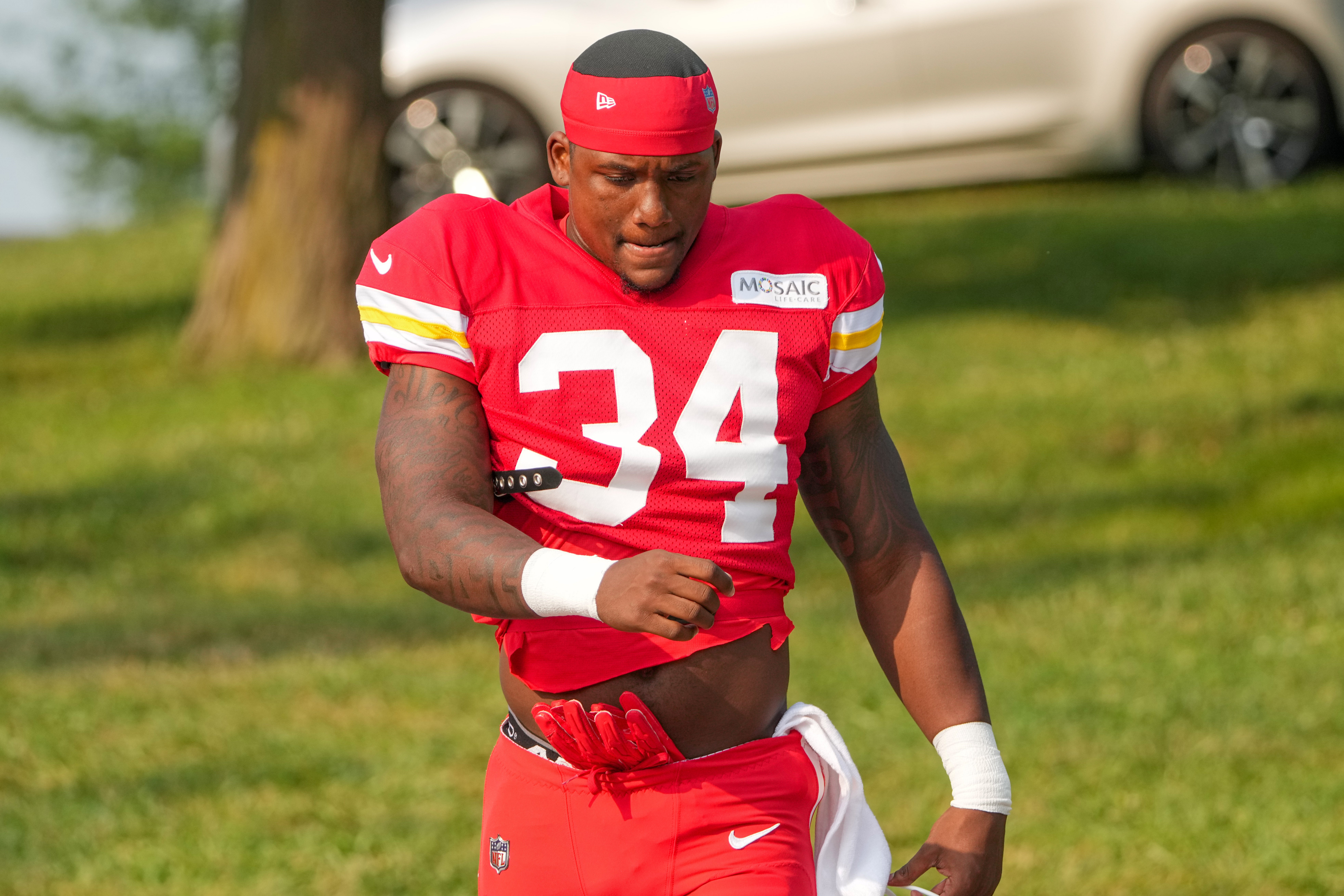 Jul 26, 2024; Kansas City, MO, USA; Kansas City Chiefs running back Deneric Prince (34) walks from the locker room to the fields prior to training camp at Missouri Western State University.