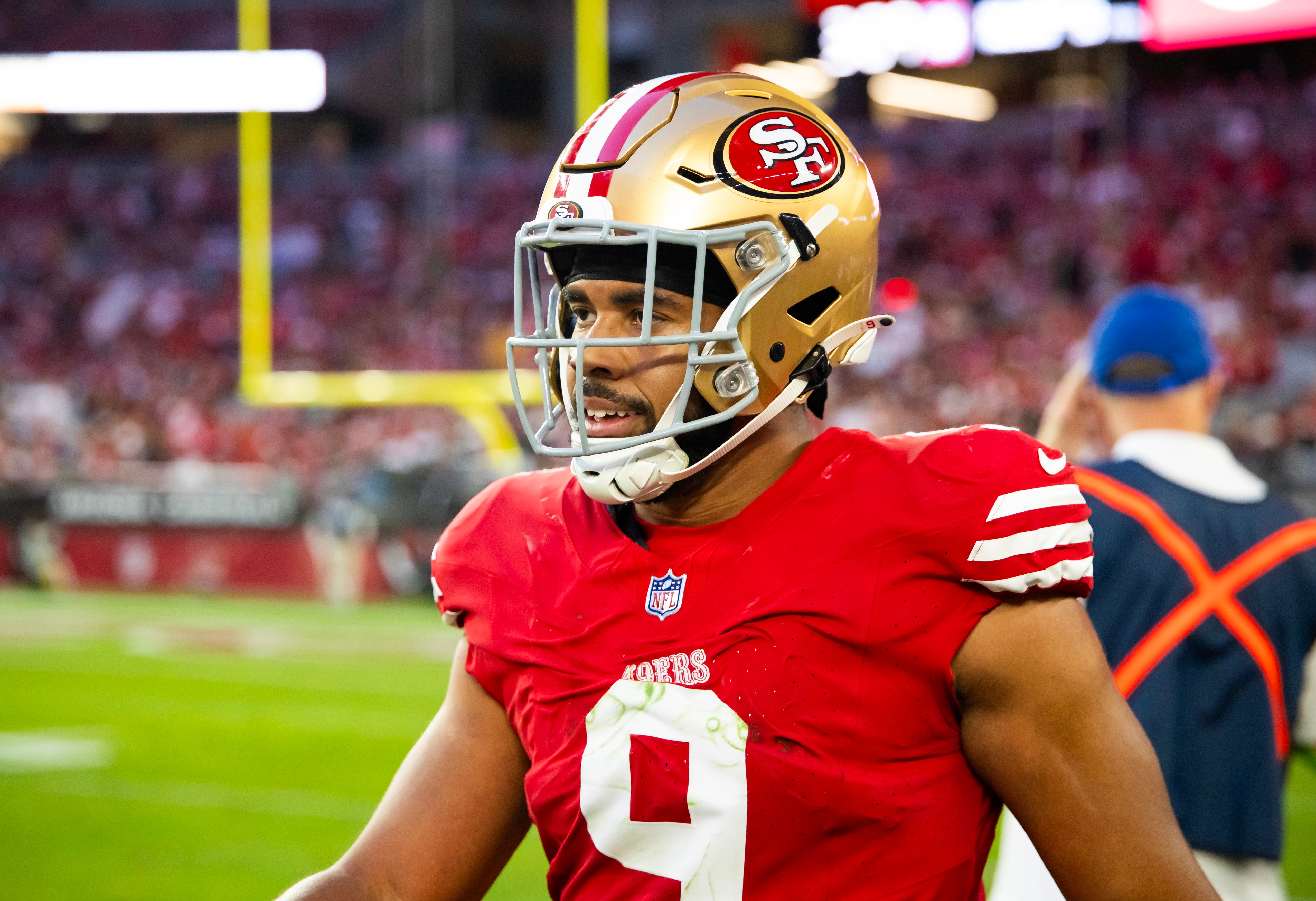 Dec 17, 2023; Glendale, Arizona, USA; San Francisco 49ers tight end Brayden Willis (9) against the Arizona Cardinals at State Farm Stadium.