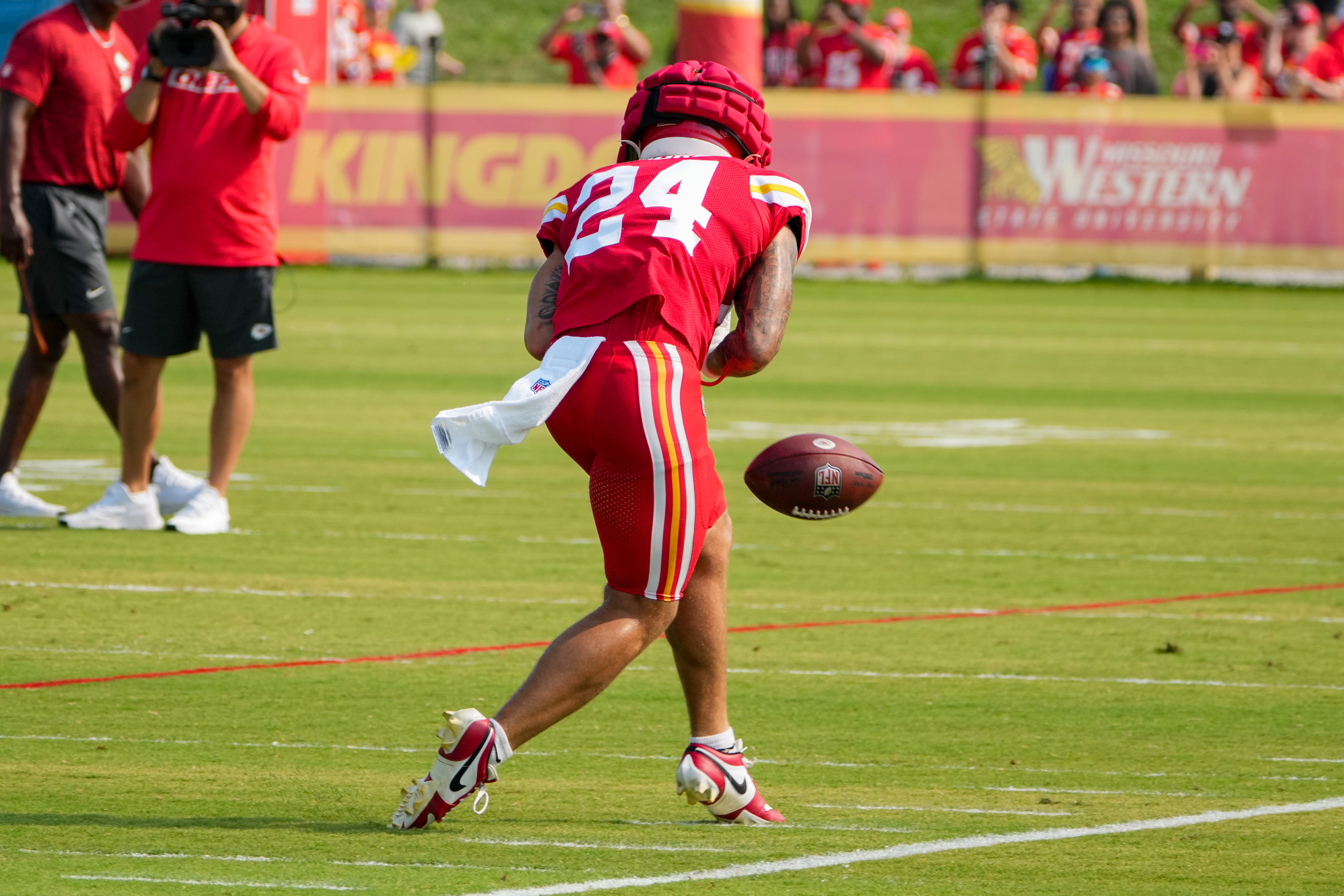 Jul 26, 2024; Kansas City, MO, USA; Kansas City Chiefs wide receiver Skyy Moore (24) drops a pass during training camp at Missouri Western State University.