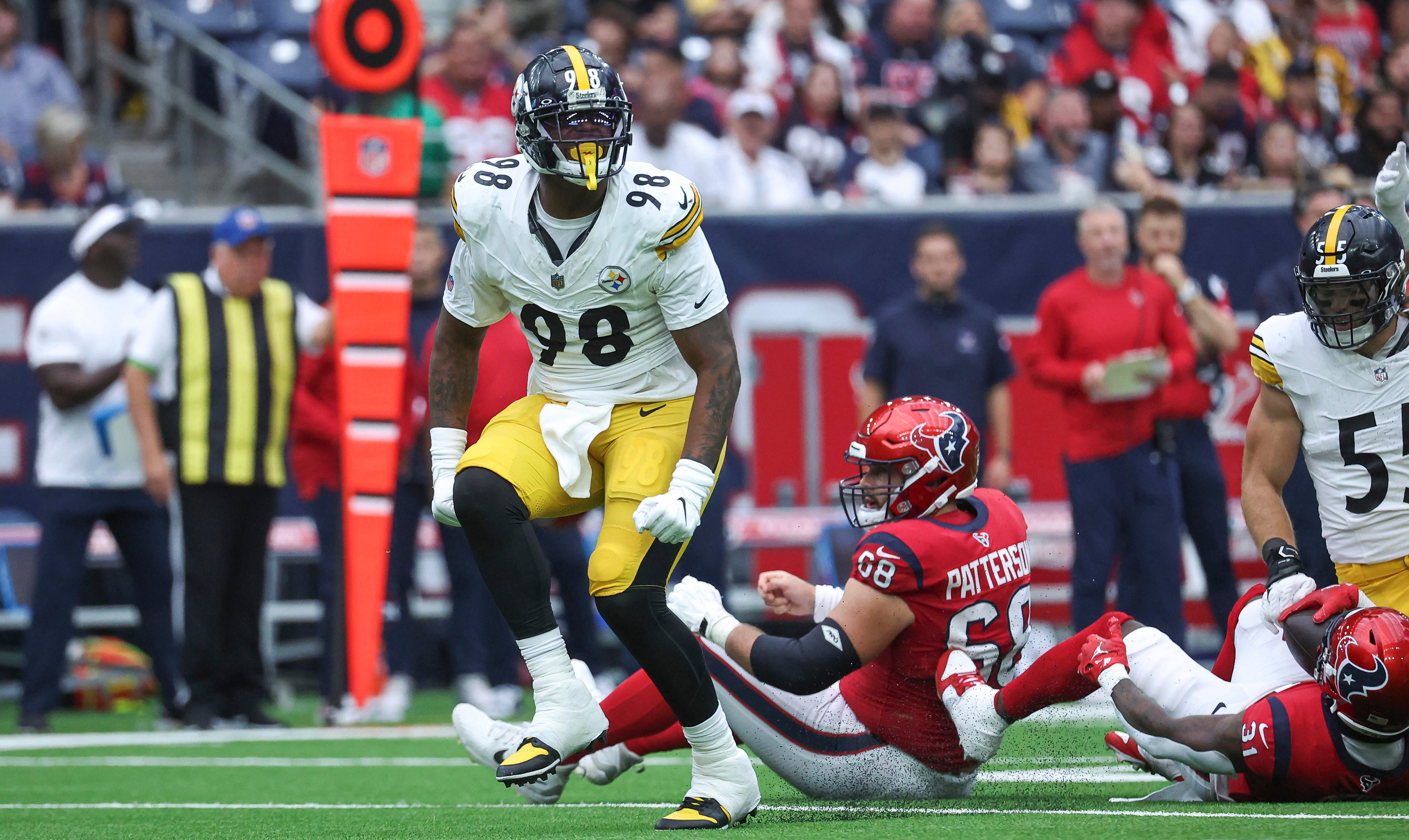 Oct 1, 2023; Houston, Texas, USA; Pittsburgh Steelers defensive end DeMarvin Leal (98) reacts after making a play during the game against the Houston Texans at NRG Stadium. Mandatory Credit: Troy Taormina-USA TODAY Sports