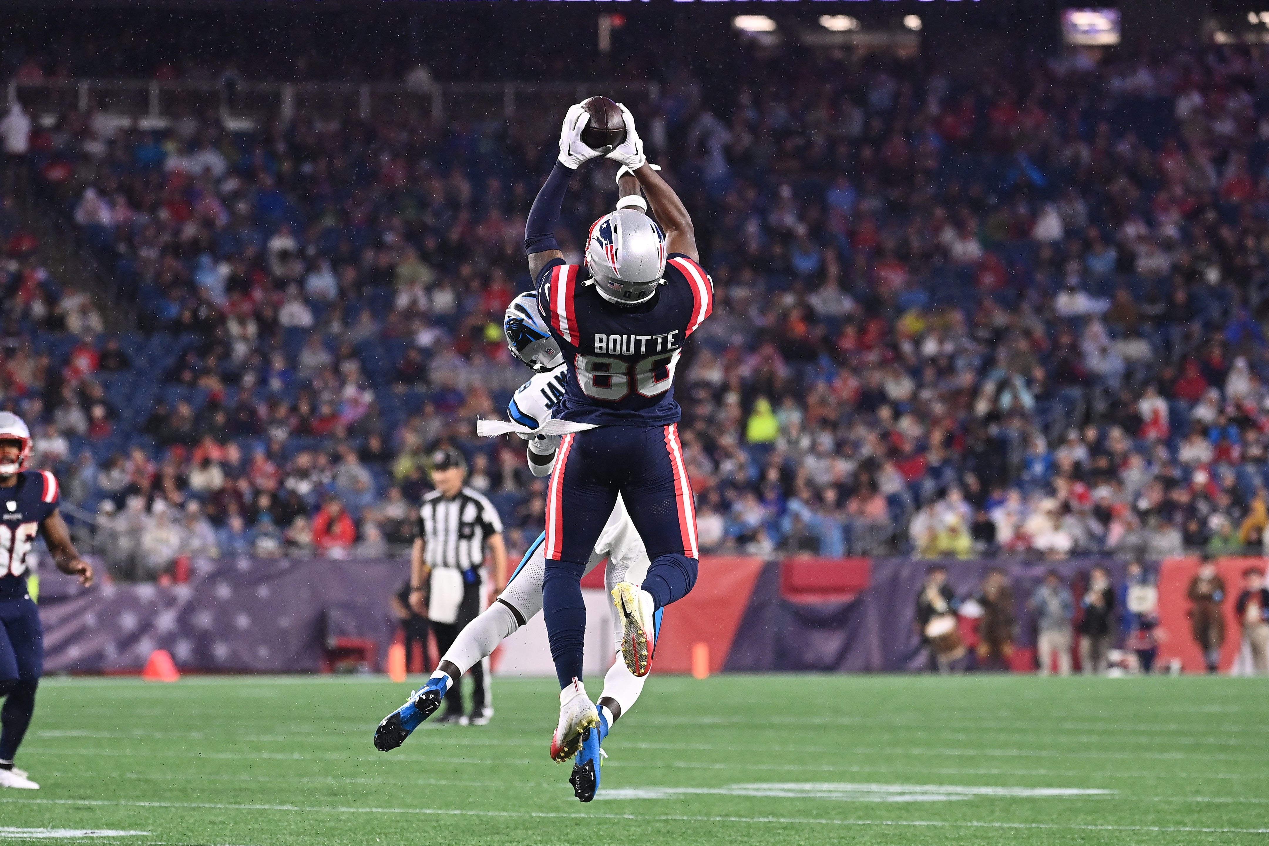 August 8, 2024; Foxborough, MA, USA; New England Patriots wide receiver Kayshon Boutte (80) makes a catch for a first down during the first half against the Carolina Panthers at Gillette Stadium.