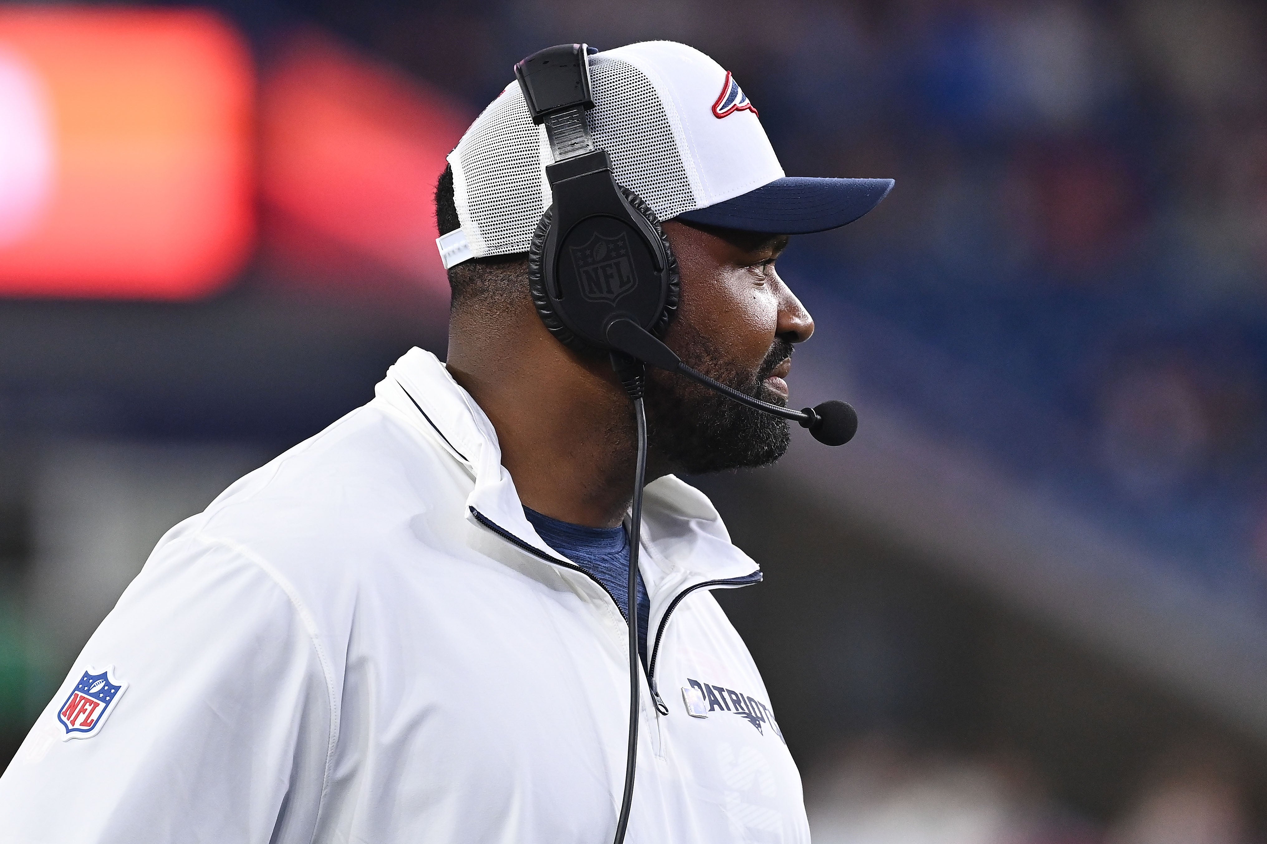 August 8, 2024; Foxborough, MA, USA; New England Patriots head coach Jerod Mayo watches the action on the field during the second half against the Carolina Panthers at Gillette