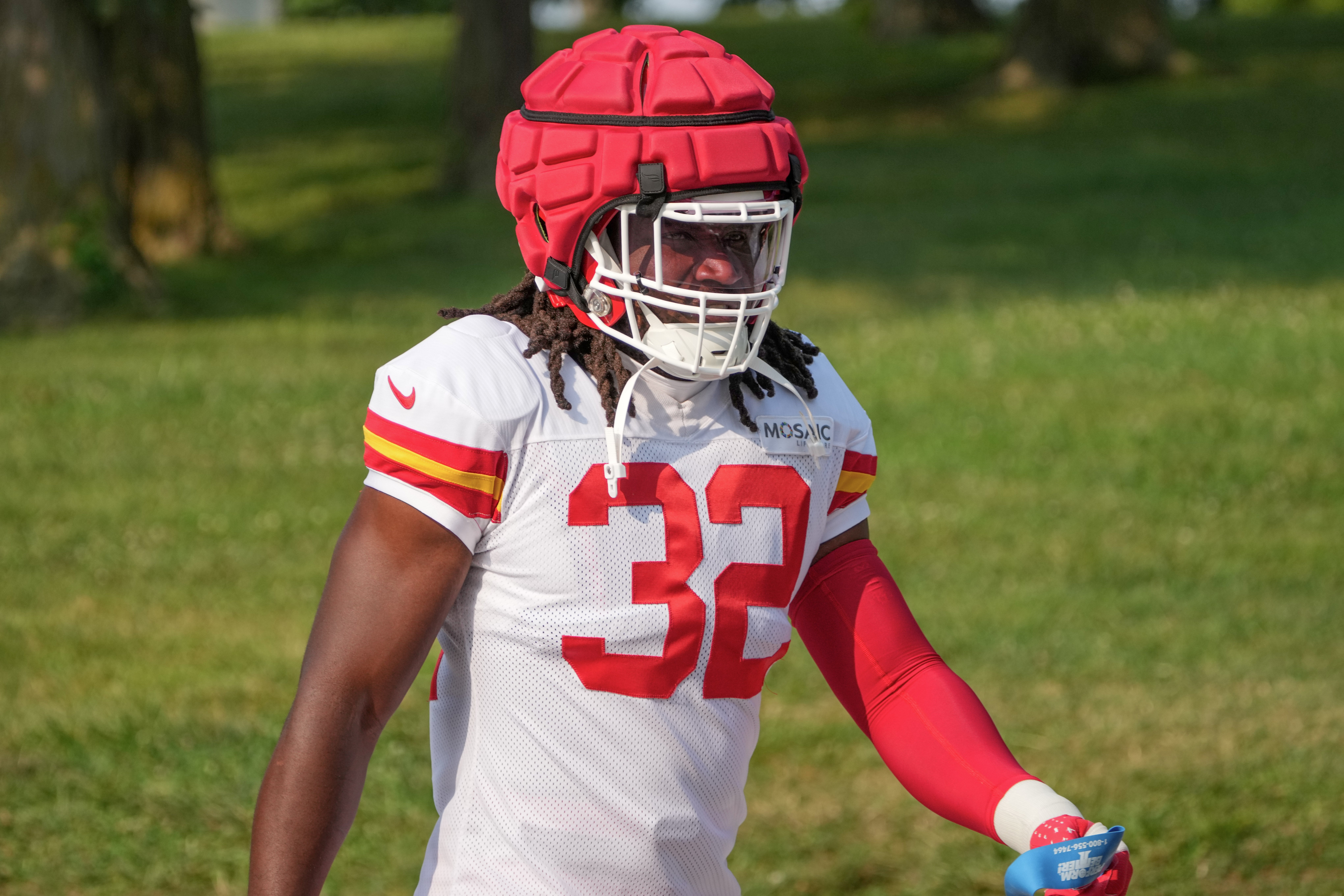 Jul 26, 2024; Kansas City, MO, USA; Kansas City Chiefs linebacker Nick Bolton (32) walks from the locker room to the fields prior to training camp at Missouri Western State University.