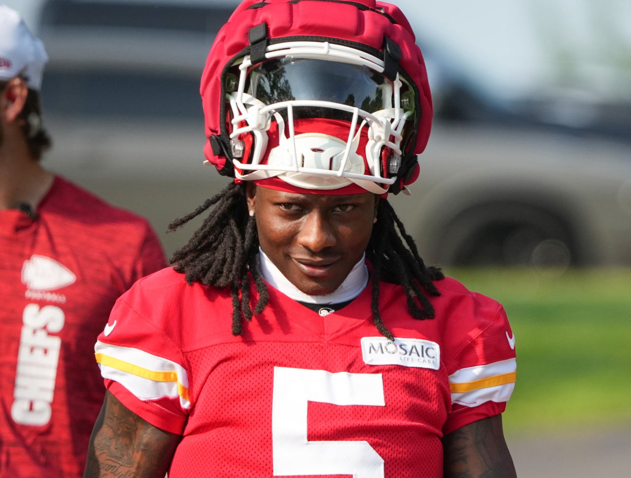 Jul 22, 2024; St. Joseph, MO, USA; Kansas City Chiefs wide receiver Marquise (Hollywood) Brown (5) walks down the hill from the locker room to the fields prior to training camp at Missouri Western State University.