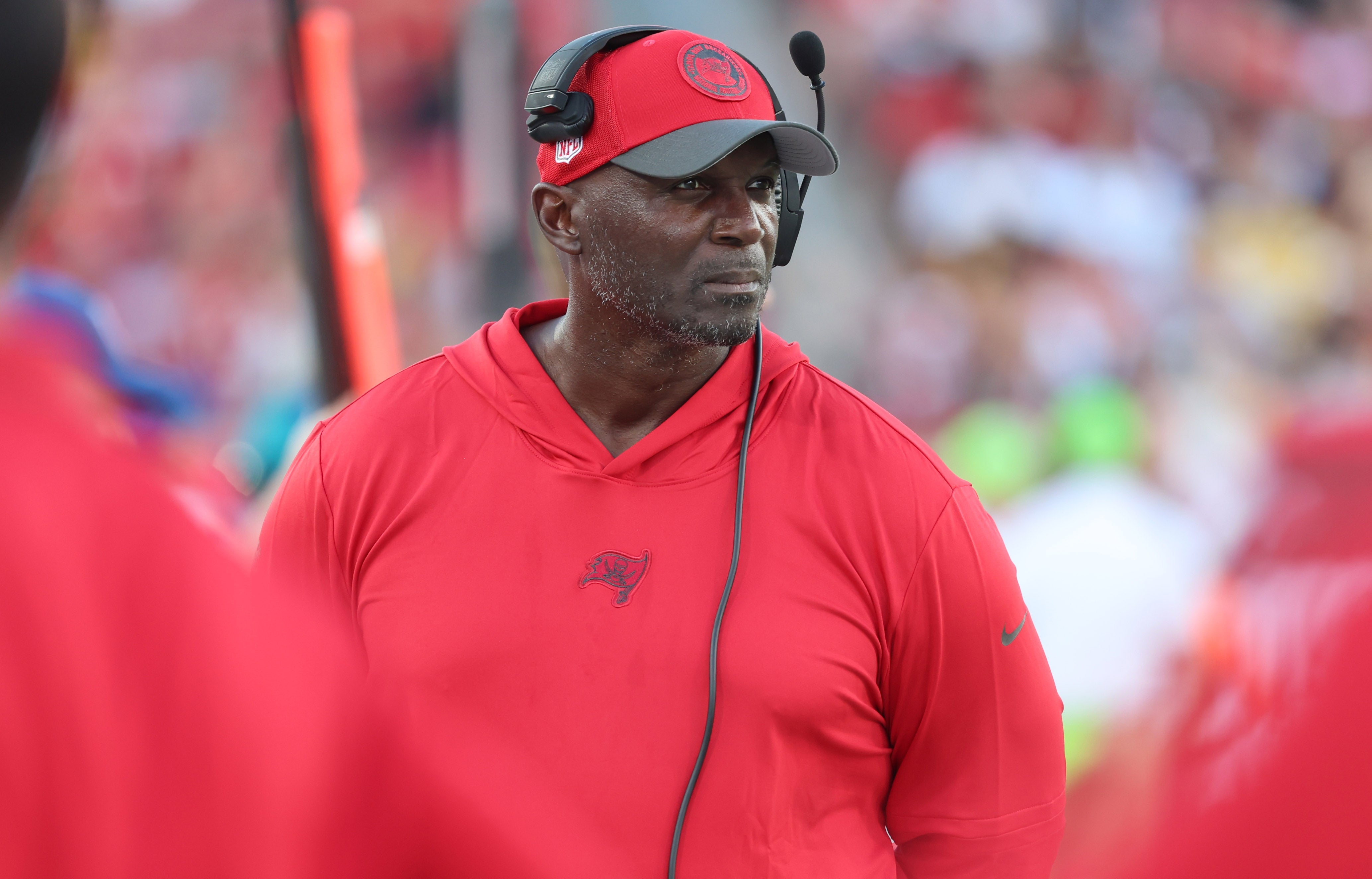 Aug 11, 2023; Tampa, Florida, USA; Tampa Bay Buccaneers head coach Todd Bowles against the Pittsburgh Steelers during the first half at Raymond James Stadium.