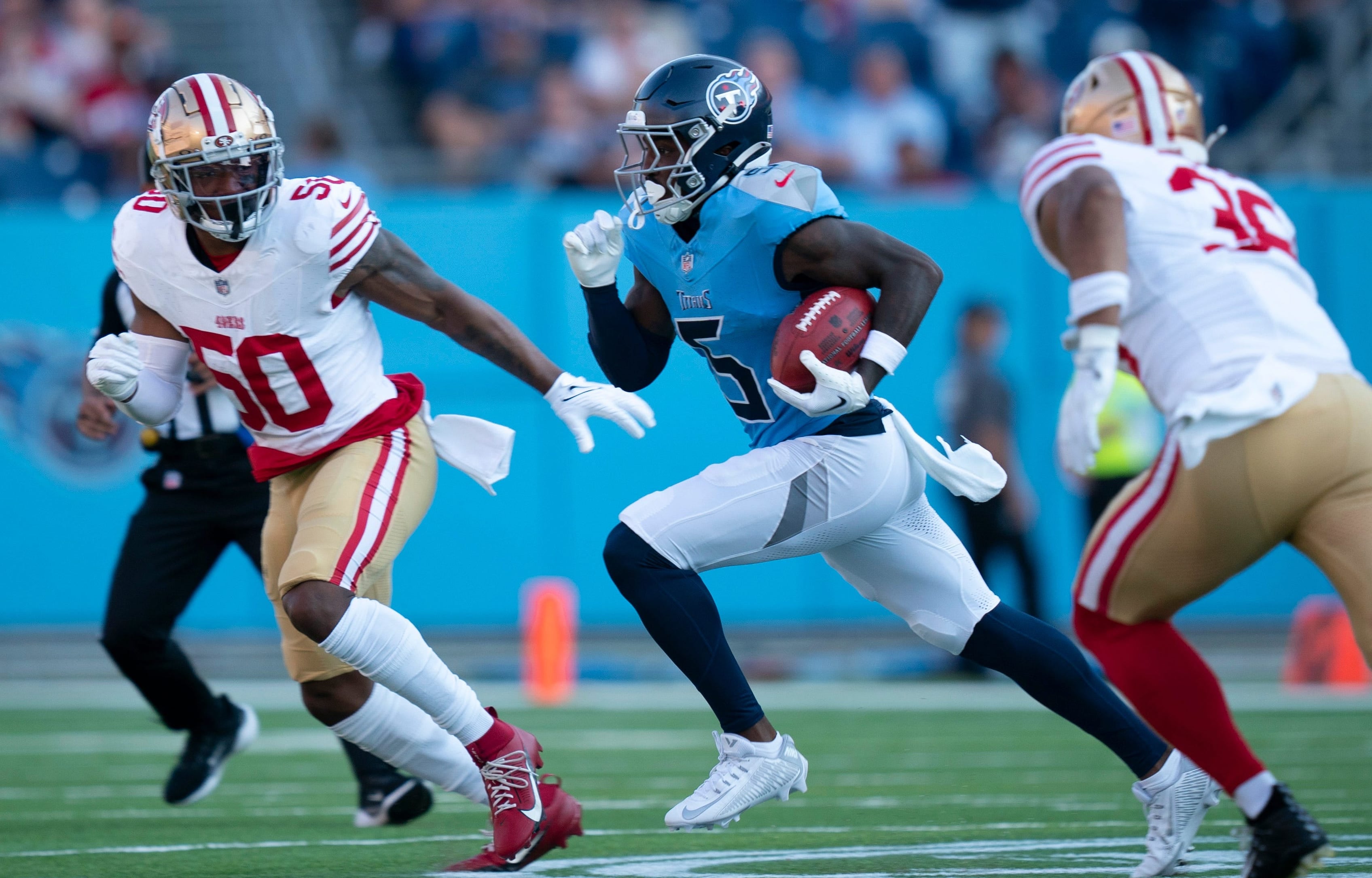 Tennessee Titans wide receiver Kearis Jackson (5) returns a kickoff for a large gain during their first preseason game of the 2024-25 season at Nissan Stadium Saturday, Aug. 10, 2024 Denny Simmons / The Tennessean-USA TODAY NETWORK
