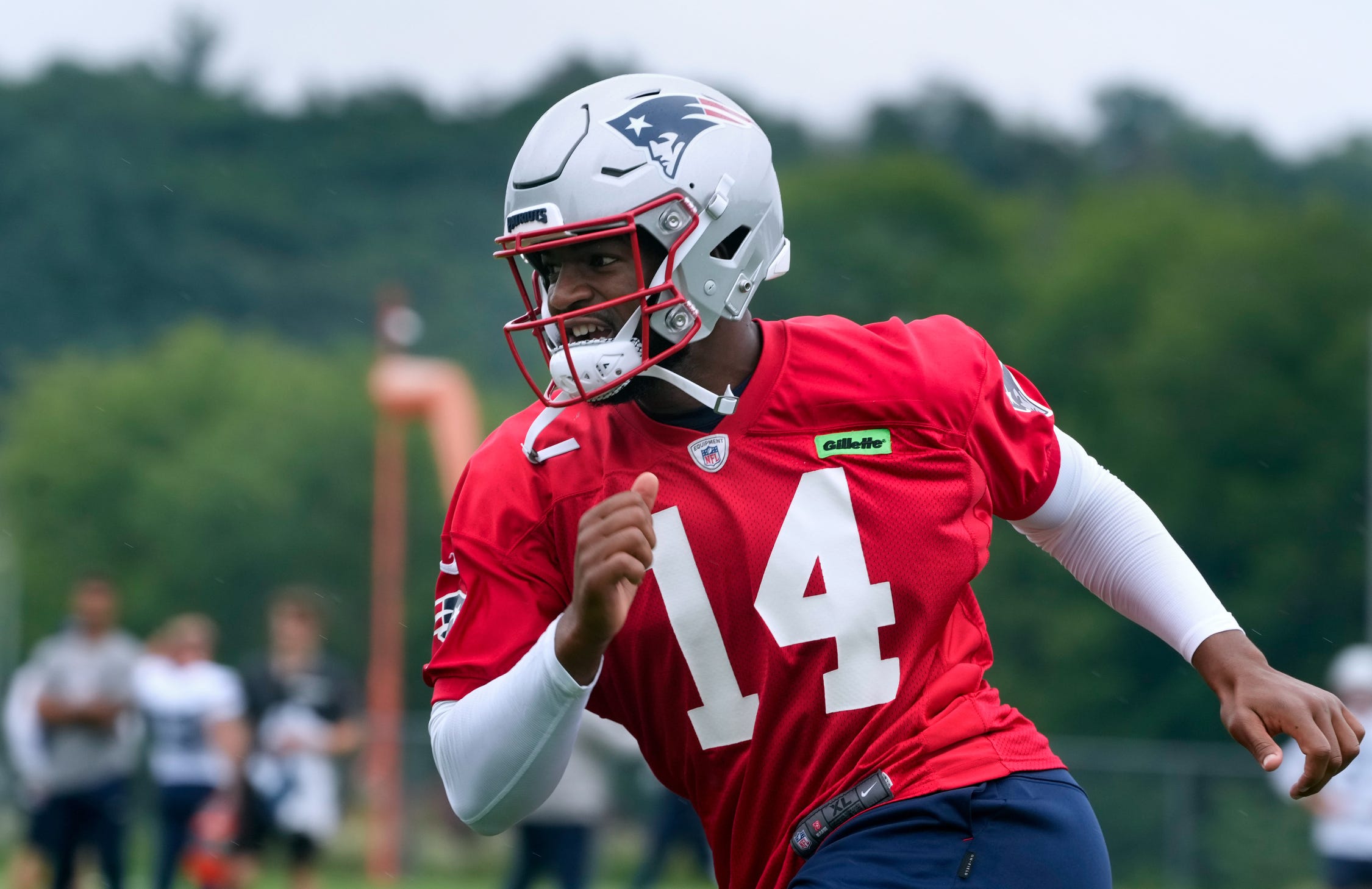 Patriots quarterback Jacoby Brissett running drills on the first day of training camp Wednesday morning.