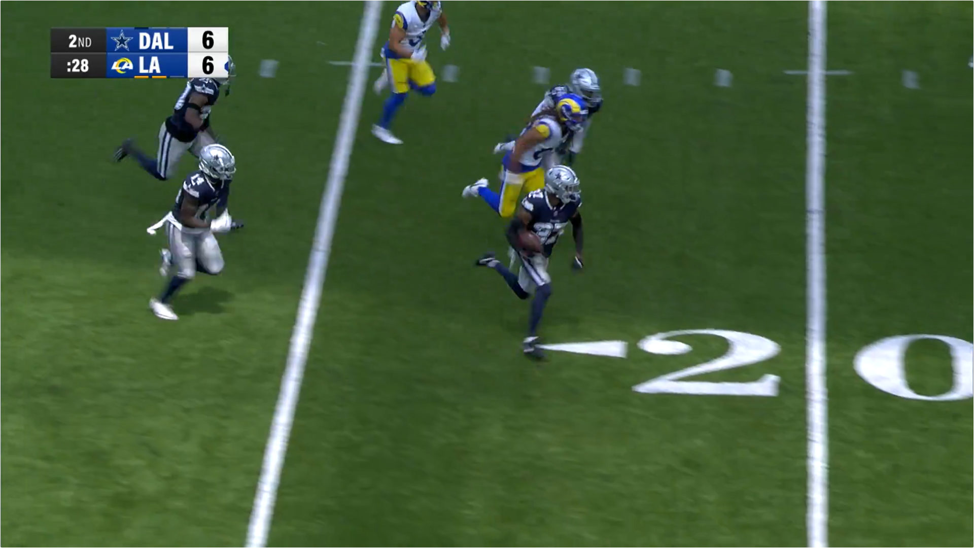 Dallas Cowboys CB Eric Scott Jr. picks off Rams' Stetson Bennett.