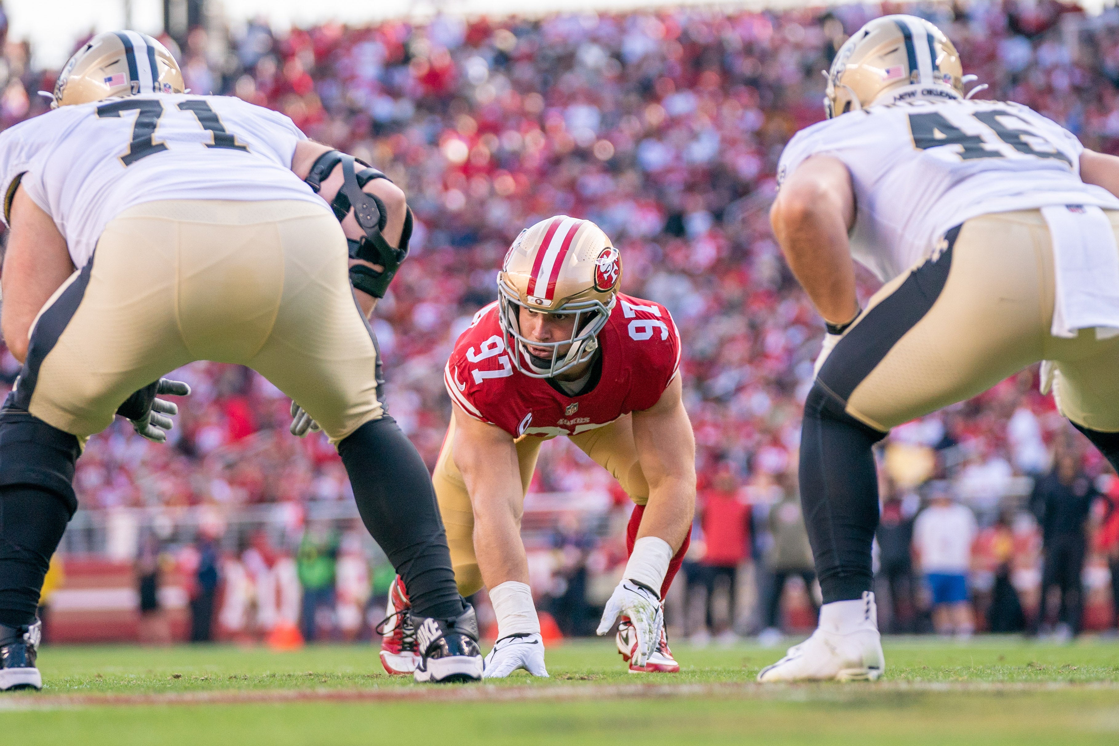 November 27, 2022; Santa Clara, California, USA; San Francisco 49ers defensive end Nick Bosa (97) during the second quarter against the New Orleans Saints at Levi's Stadium. Mandatory Credit: November 27, 2022; Santa Clara, California, USA; San Francisco 49ers defensive end Nick Bosa (97) during the second quarter against the New Orleans Saints at Levi's Stadium. Mandatory Credit: Kyle Terada-USA TODAY Sports