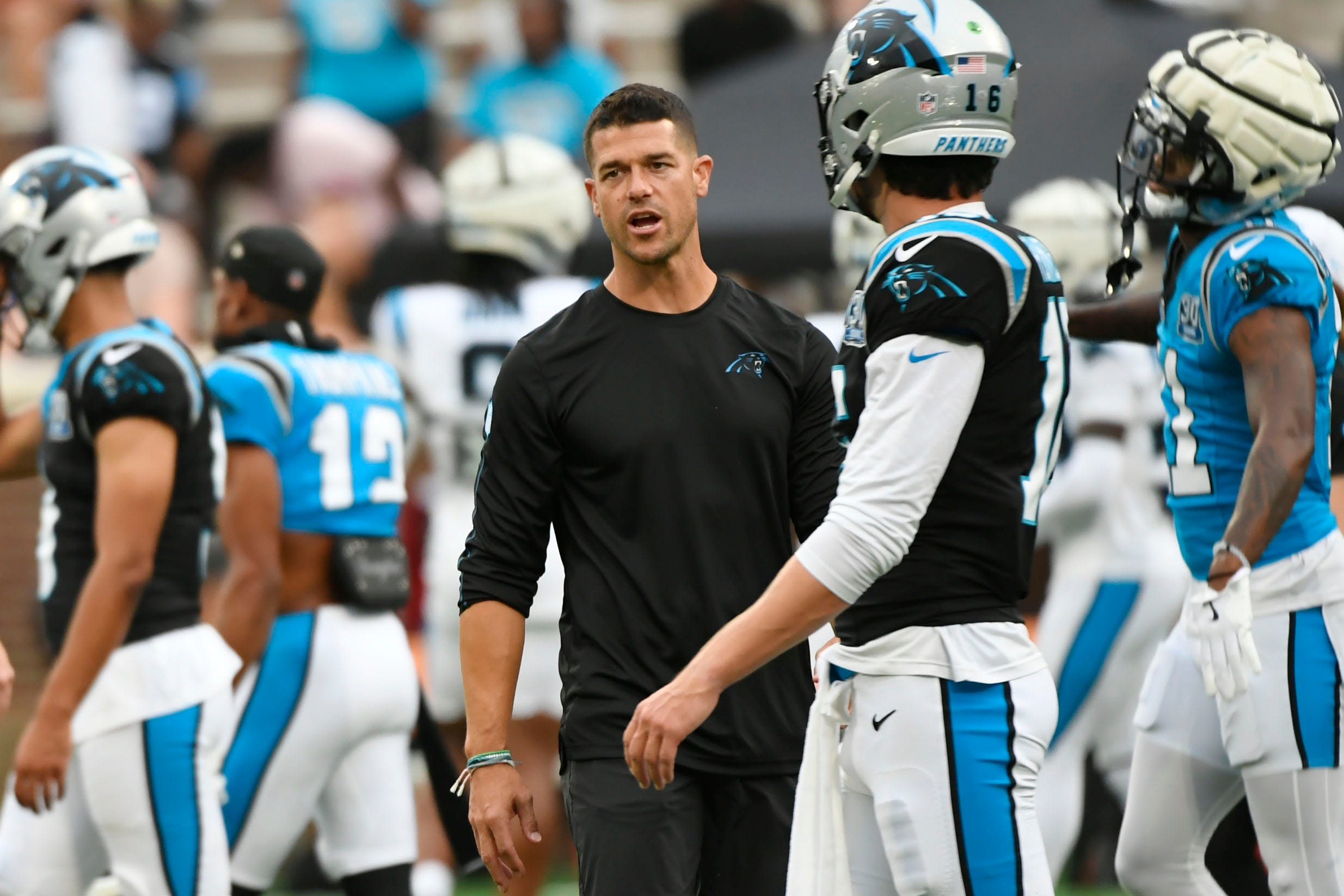 Carolina Panthers head coach, Dave Canales, on the field at Memorial Stadium during the Panthers Fan Fest in Clemson, S.C., on Thursday, Aug. 1, 2024.