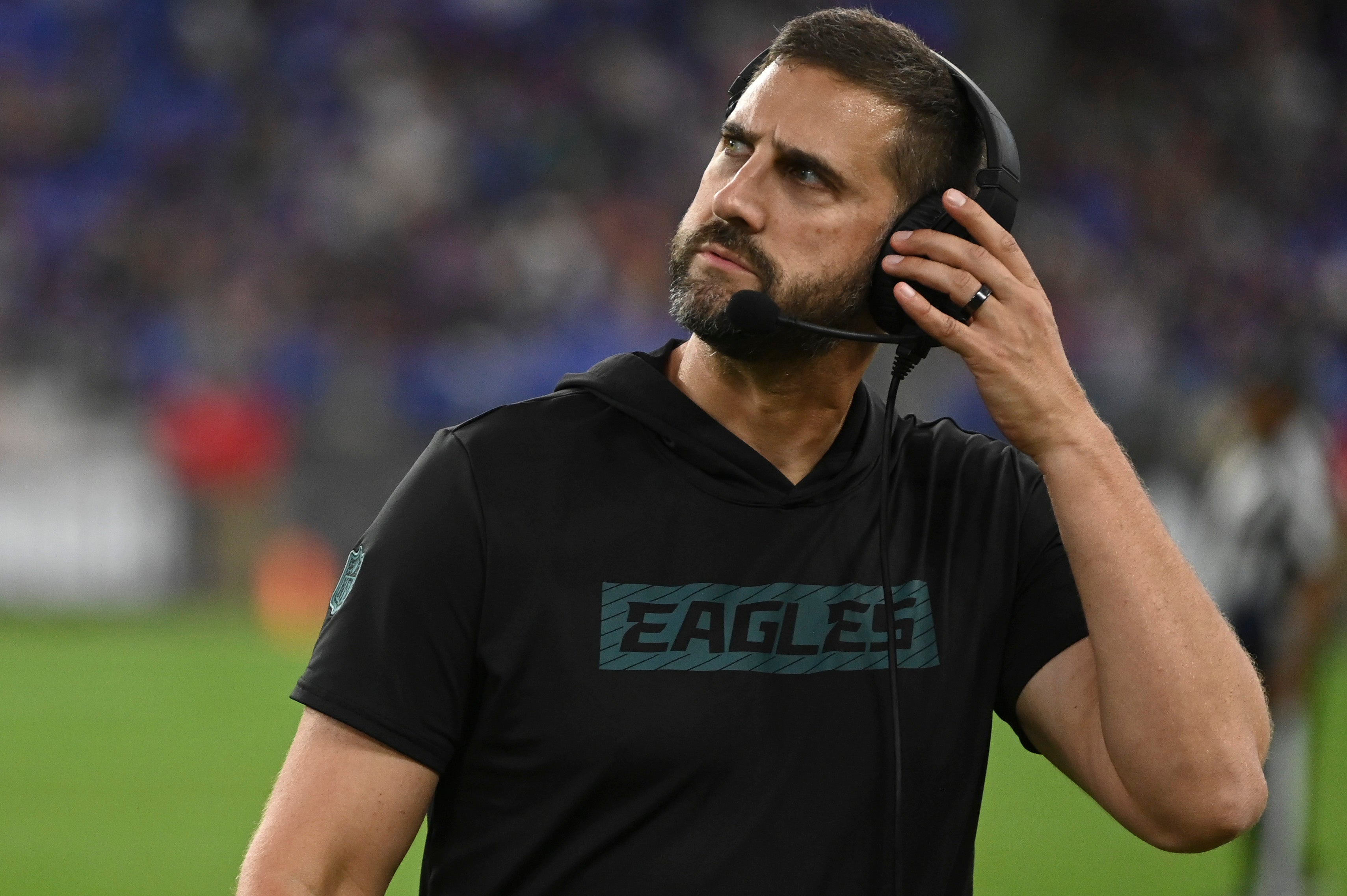 Philadelphia Eagles head coach Nick Sirianni reacts during the first quarter of a preseason game against the Baltimore Ravens at M&T Bank Stadium.