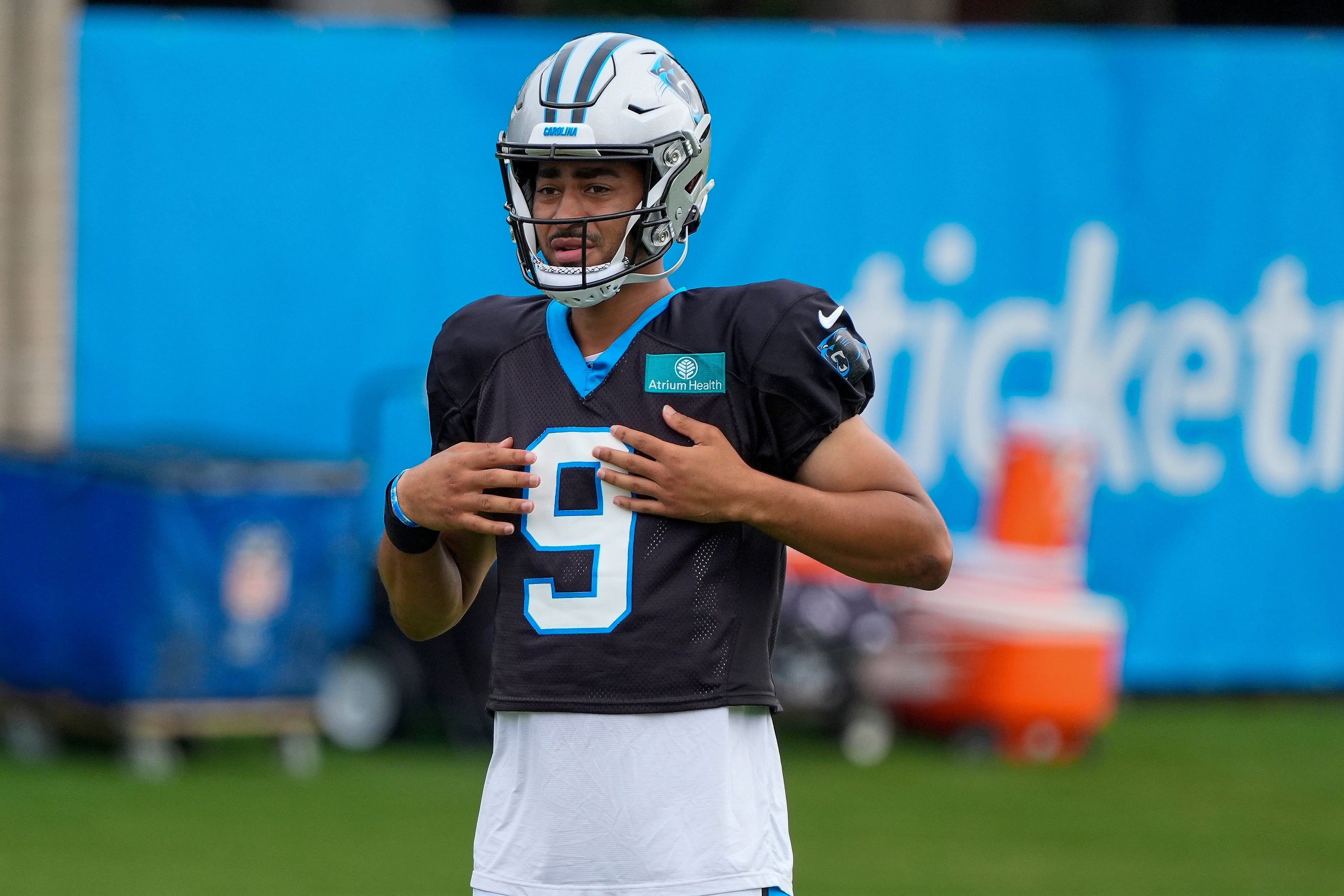 Jul 30, 2024; Charlotte, NC, USA; Carolina Panthers quarterback Bryce Young (9) during training camp at Carolina Panthers Practice Fields. Mandatory Credit: Jim Dedmon-USA TODAY Sports