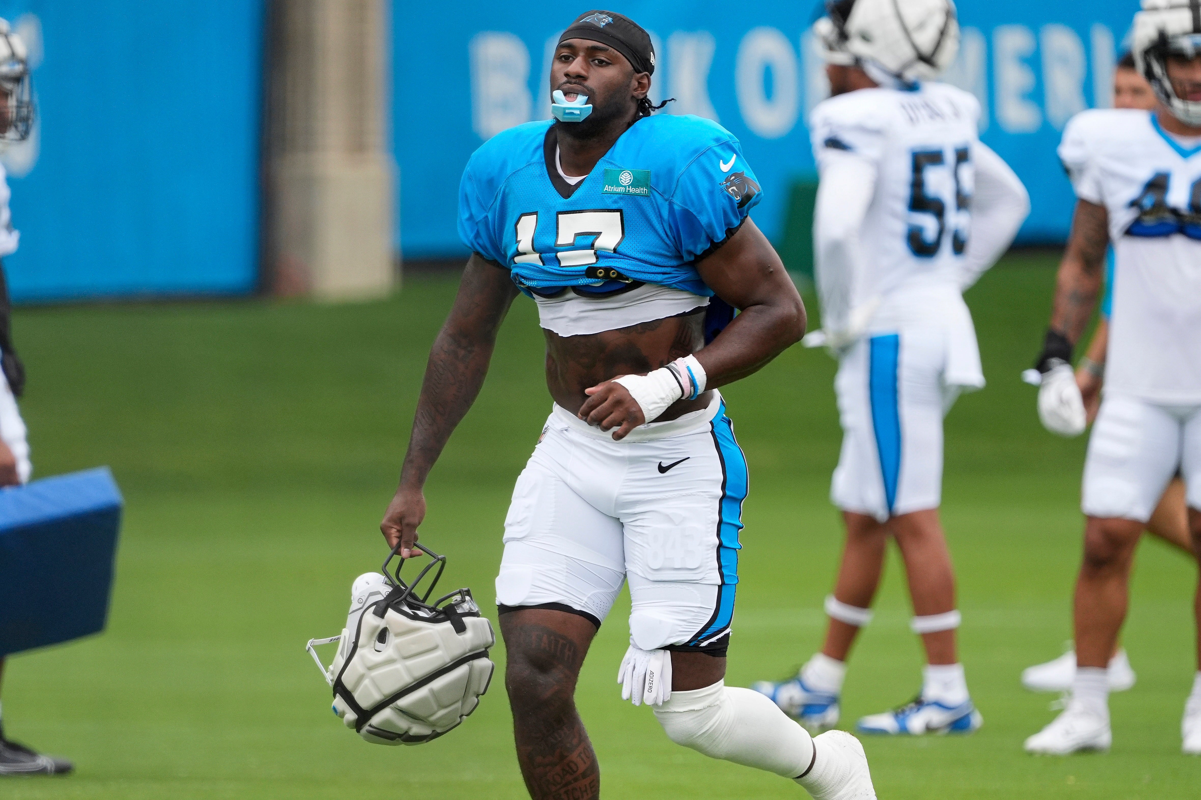 Jul 30, 2024; Charlotte, NC, USA; Carolina Panthers wide receiver Xavier Legette (17) during training camp at Carolina Panthers Practice Fields. Mandatory Credit: Jim Dedmon-USA TODAY Sports