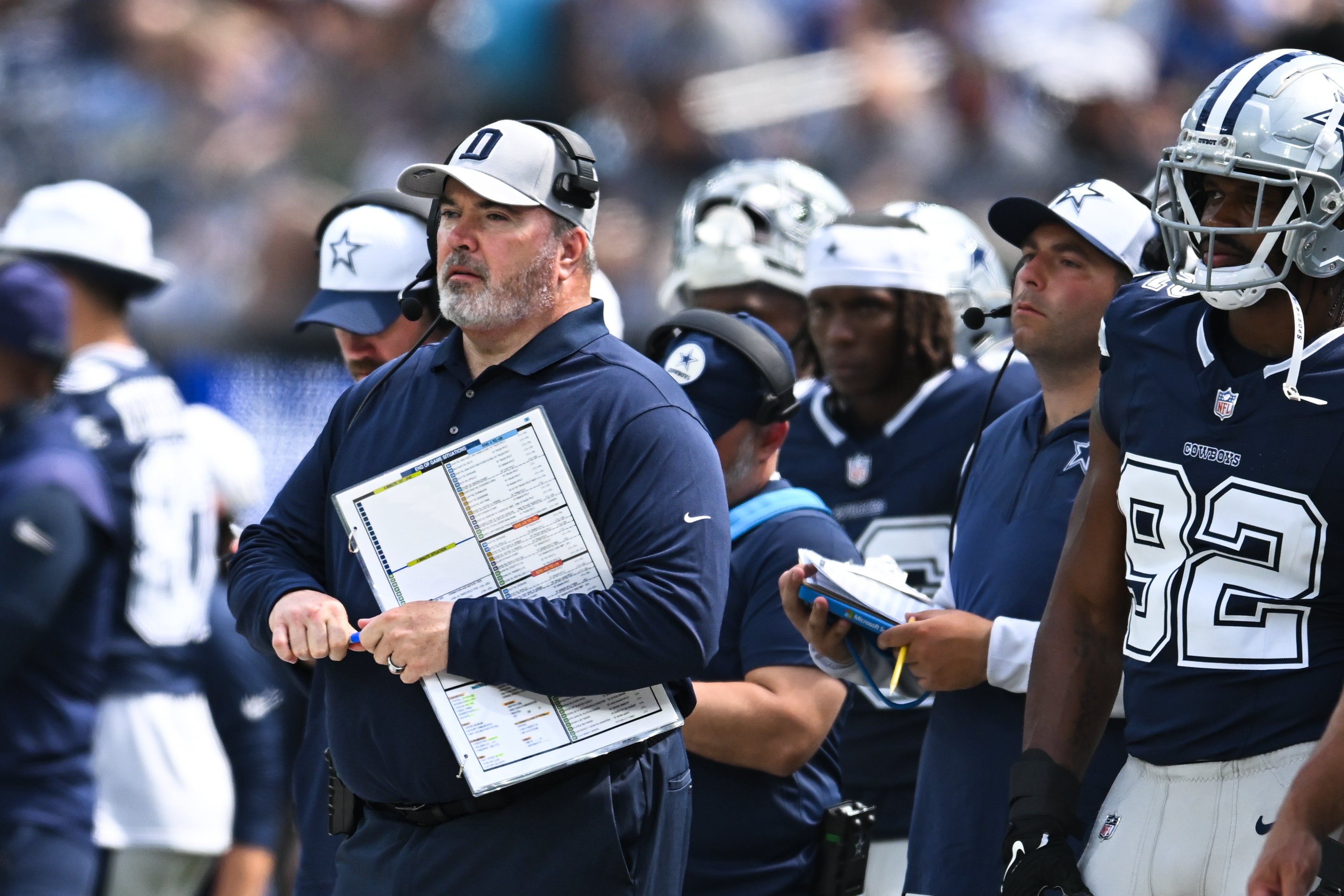 Dallas Cowboys head coach Mike McCarthy on the sidelines against the Los Angeles Rams during the second quarter at SoFi Stadium.