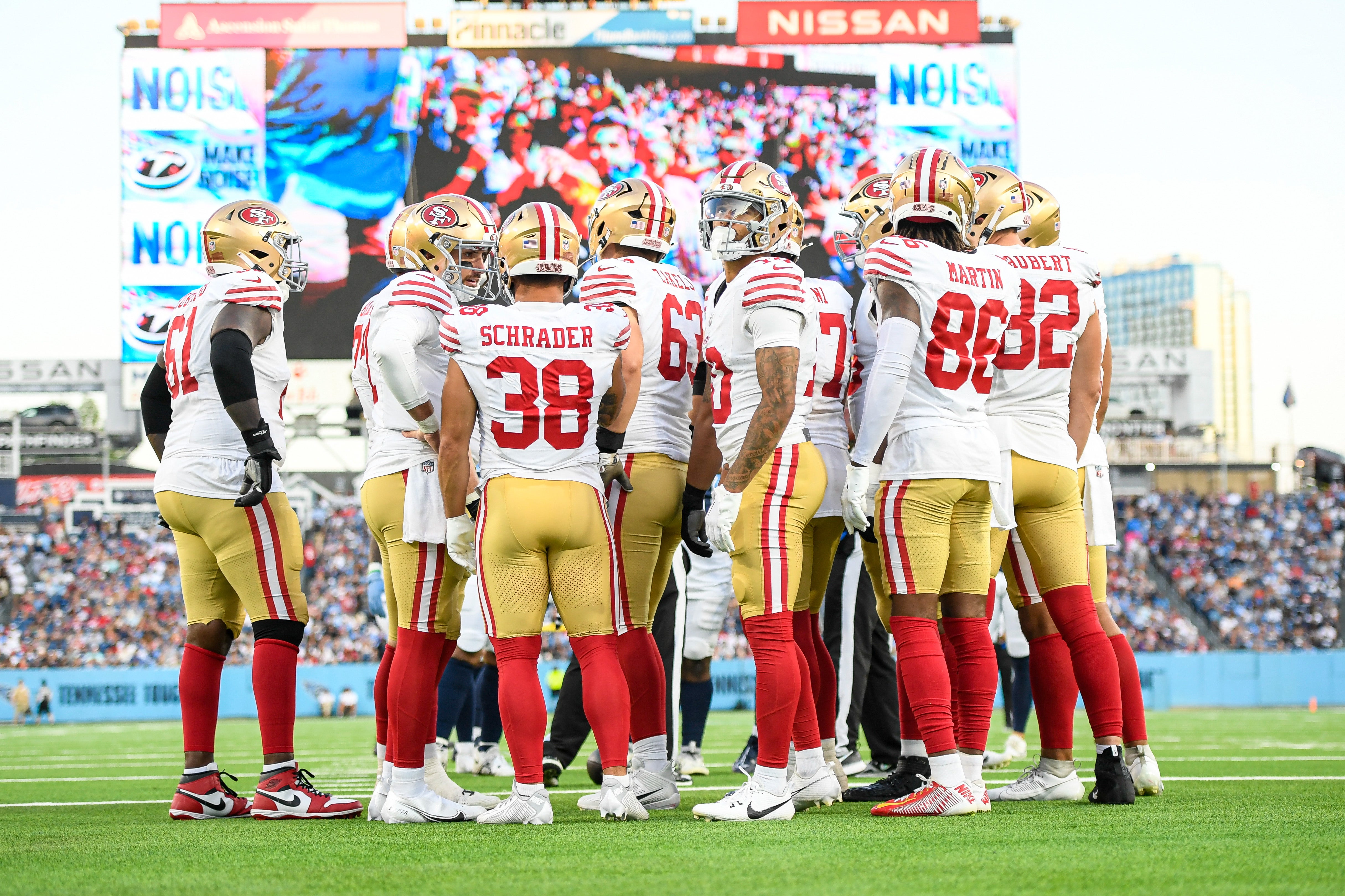 Aug 10, 2024; Nashville, Tennessee, USA; San Francisco 49ers huddle against the Tennessee Titans during the first half at Nissan Stadium.