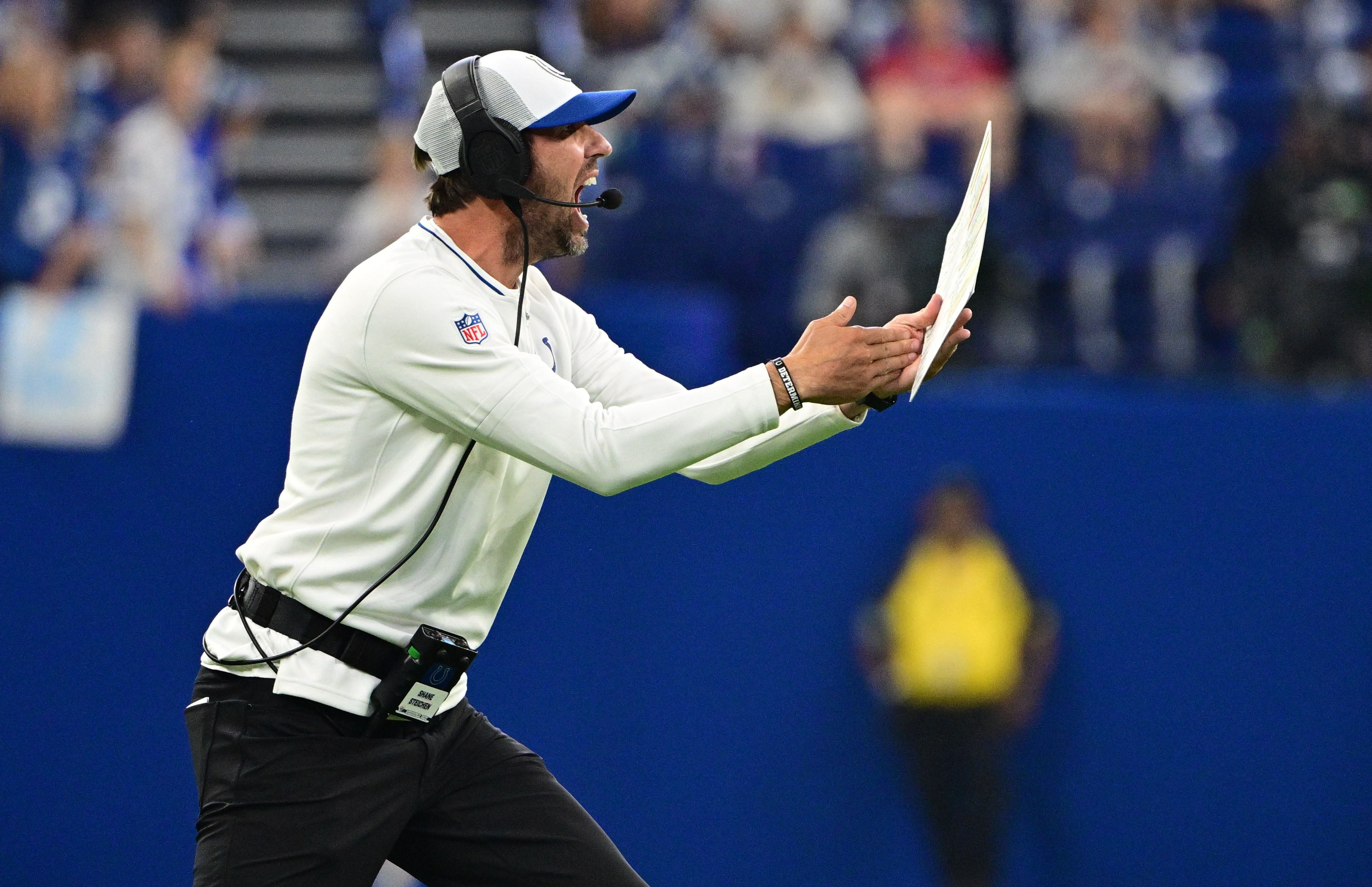 Aug 11, 2024; Indianapolis, Indiana, USA; Indianapolis Colts head coach Shane Steichen calls a timeout during the second half of the game against the Denver Broncos at Lucas Oil Stadium.