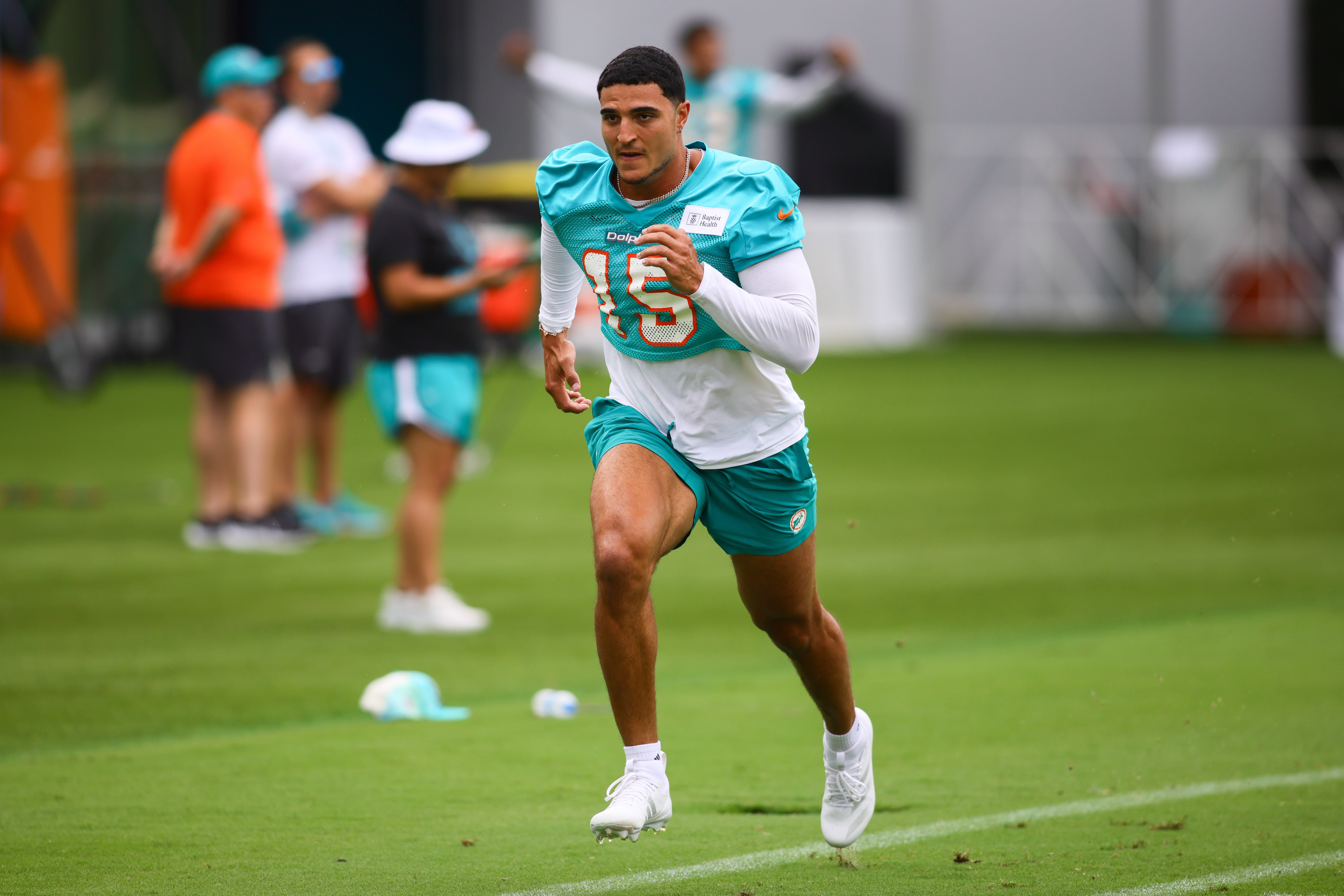 Jul 24, 2024; Miami Gardens, FL, USA; Miami Dolphins linebacker Jaelan Phillips (15) works out during training camp at Baptist Health Training Complex.