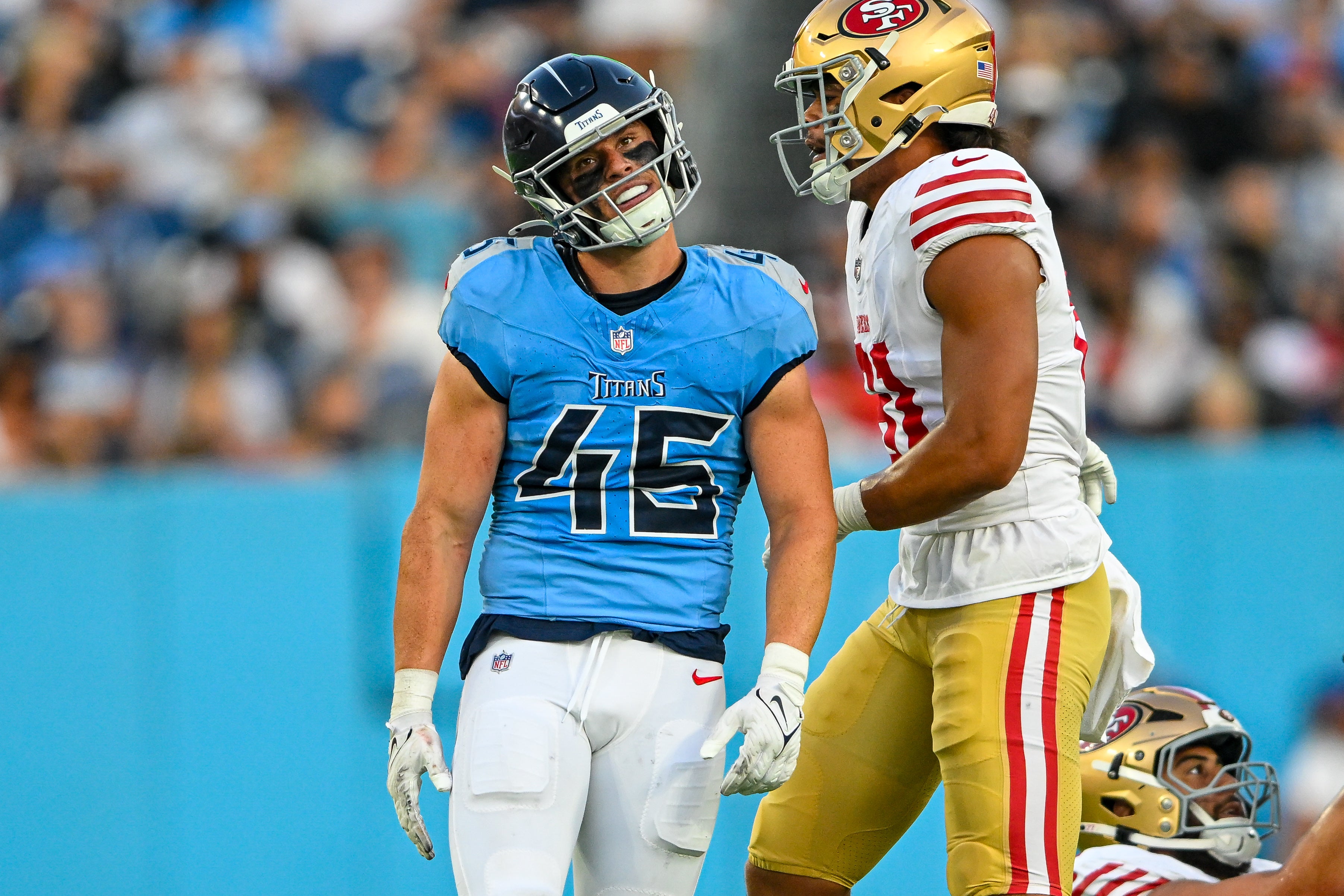Tennessee Titans linebacker Chance Campbell (45) reacts after a tackle for loss against the San Francisco 49ers during the first half at Nissan Stadium. Steve Roberts-USA TODAY Sports