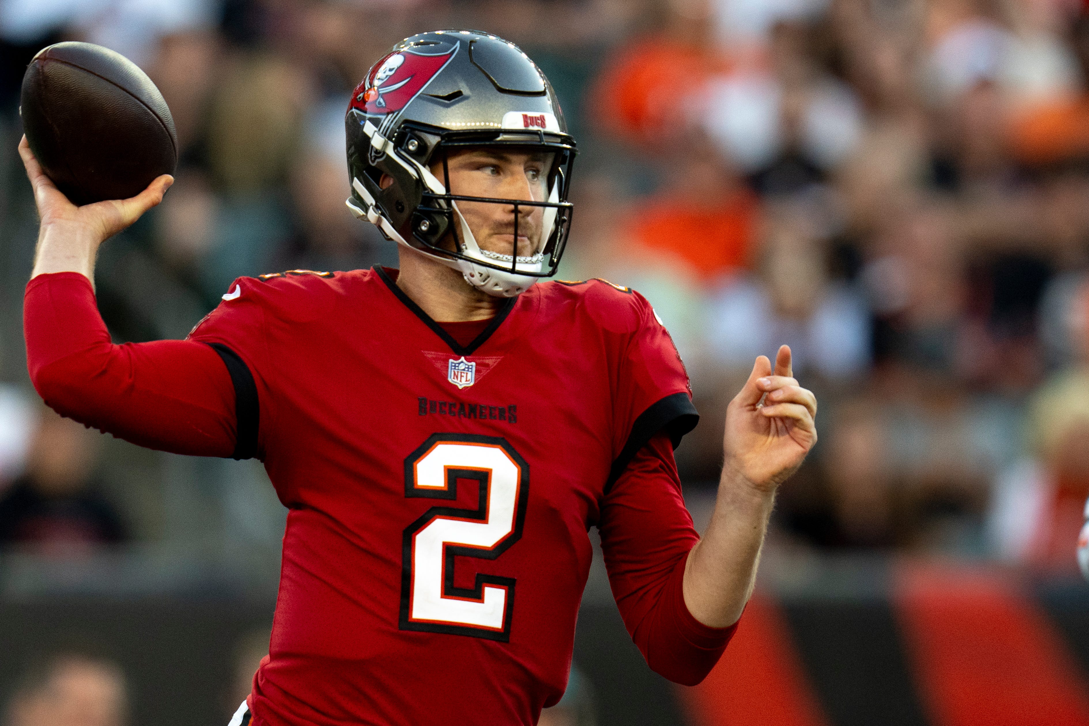 Tampa Bay Buccaneers quarterback Kyle Trask (2) throws a pass in the second quarter of the NFL preseason game against the Cincinnati Bengals at Paycor Stadium in Cincinnati on Saturday, August 10, 2024.