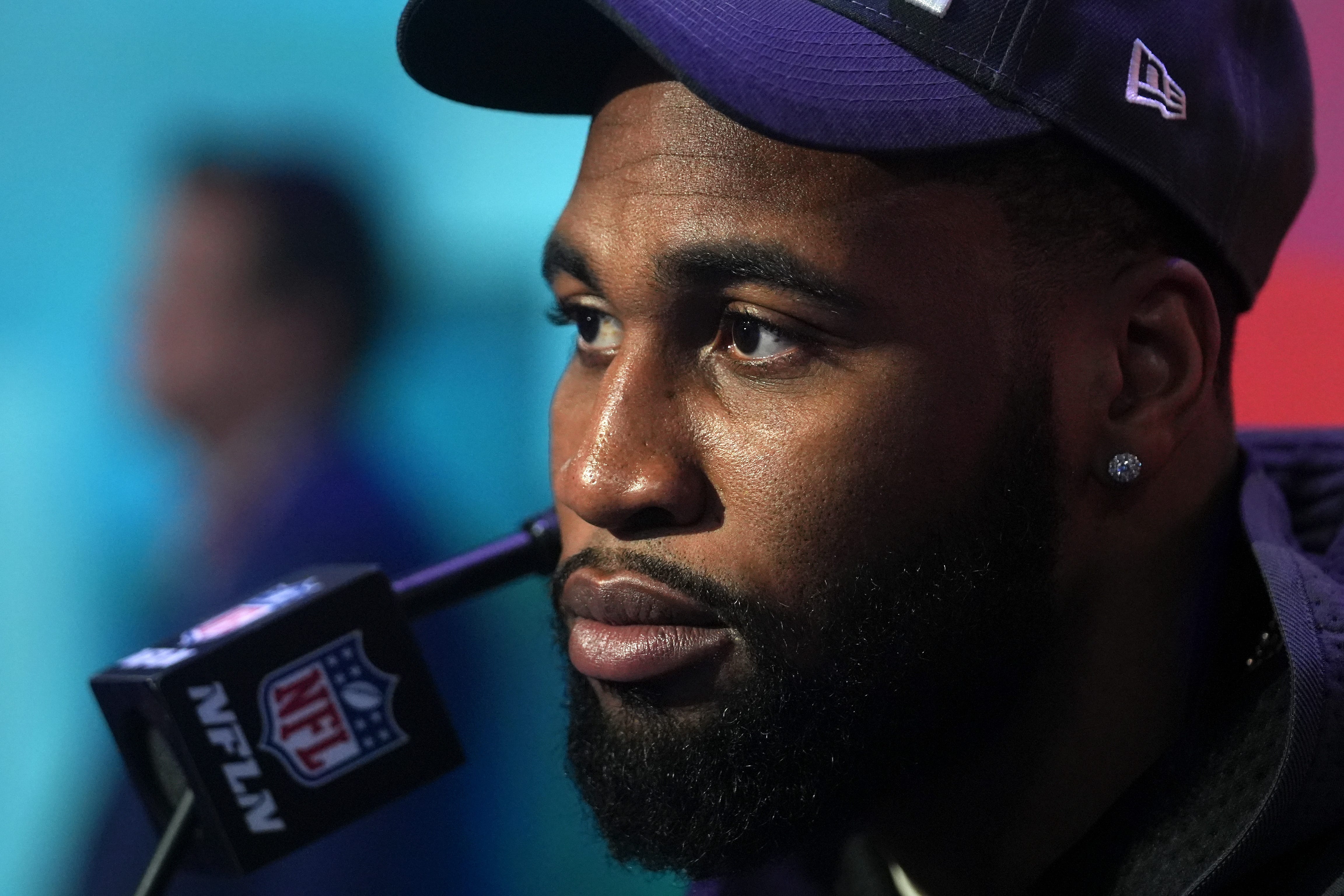 Philadelphia Eagles linebacker Haason Reddick speaks to the media at the Footprint Center in downtown Phoenix during the NFL s Super Bowl opening night on Feb. 6, 2023. Nfl Super Bowl Opening Night At Footprint Center