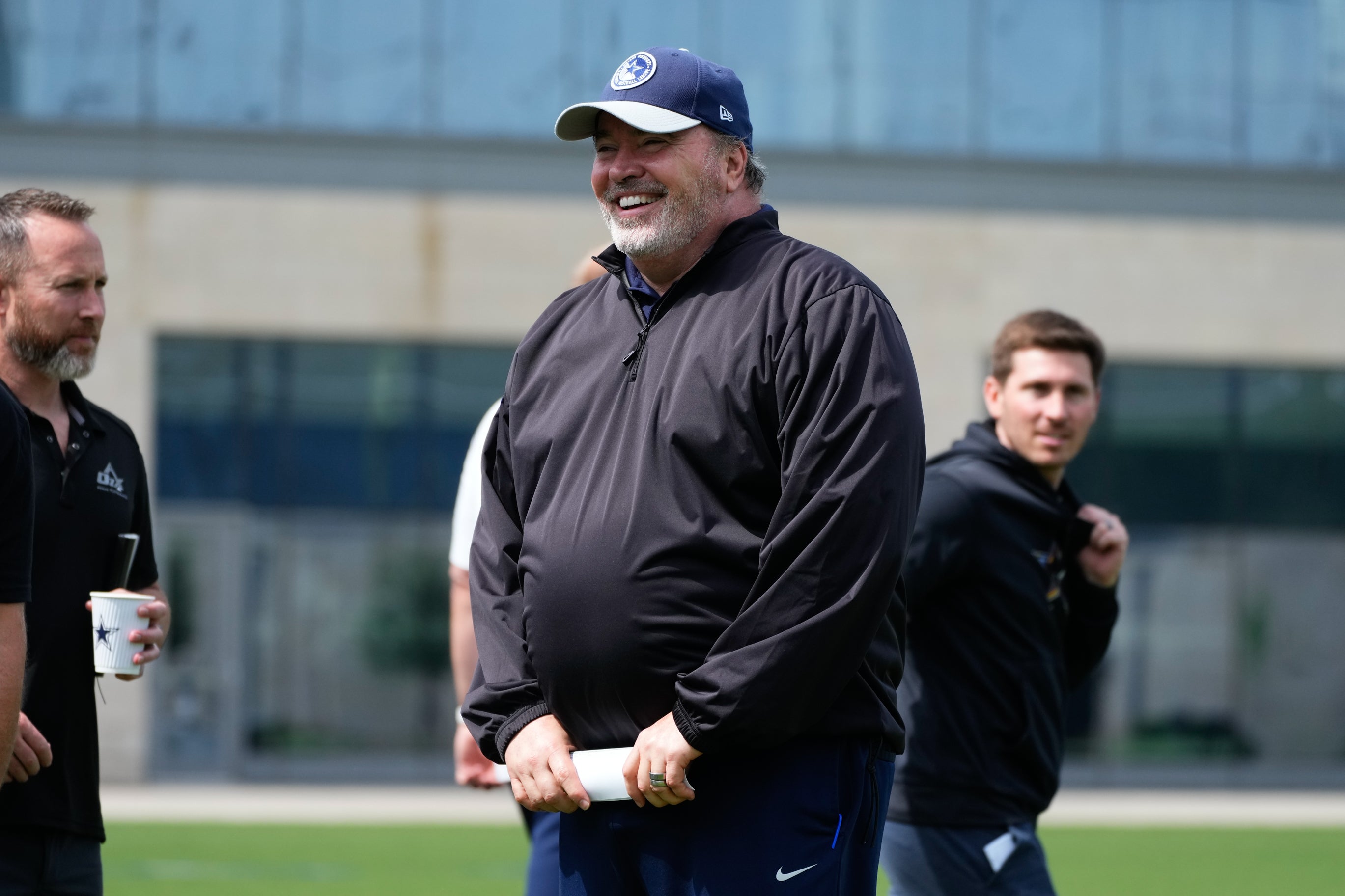 Dallas Cowboys head coach Mike McCarthy reacts during practice at the Ford Center at the Star Training Facility in Frisco, Texas.