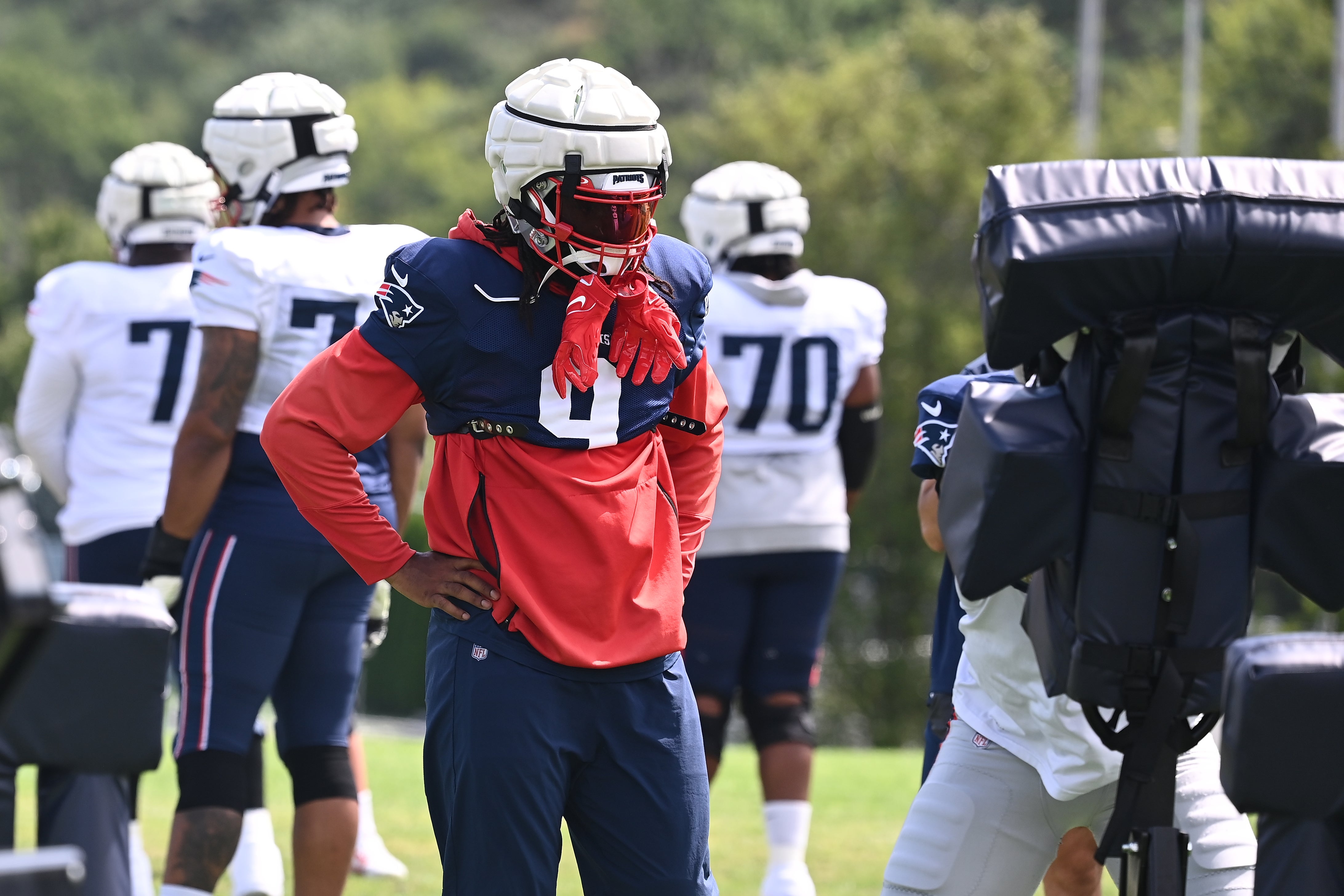Aug 03, 2024; Foxborough, MA, USA; New England Patriots linebacker Matthew Judon (9) waits to do a drill during training camp at Gillette Stadium.