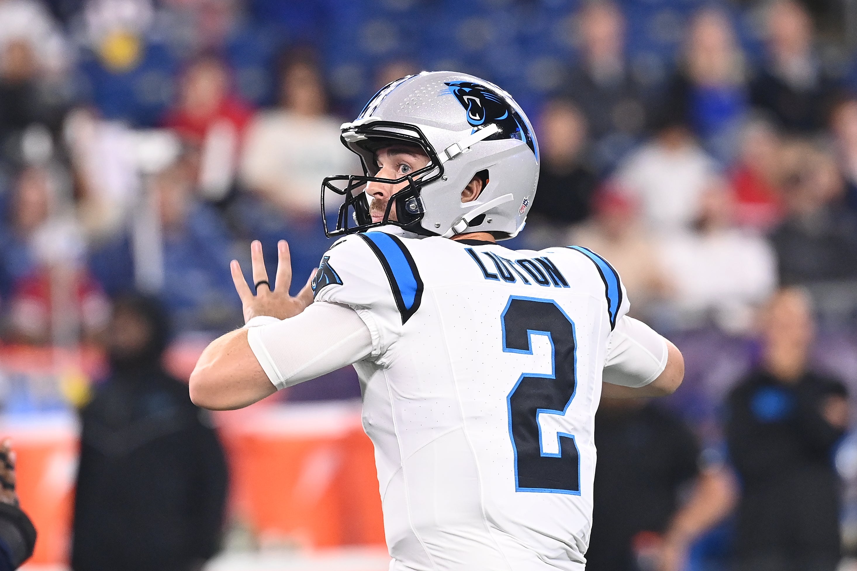 August 8, 2024; Foxborough, MA, USA; Carolina Panthers quarterback Jake Luton (2) throws a pass against the New England Patriots during the second half at Gillette Stadium. Mandatory Credit: Eric Canha-USA TODAY Sports