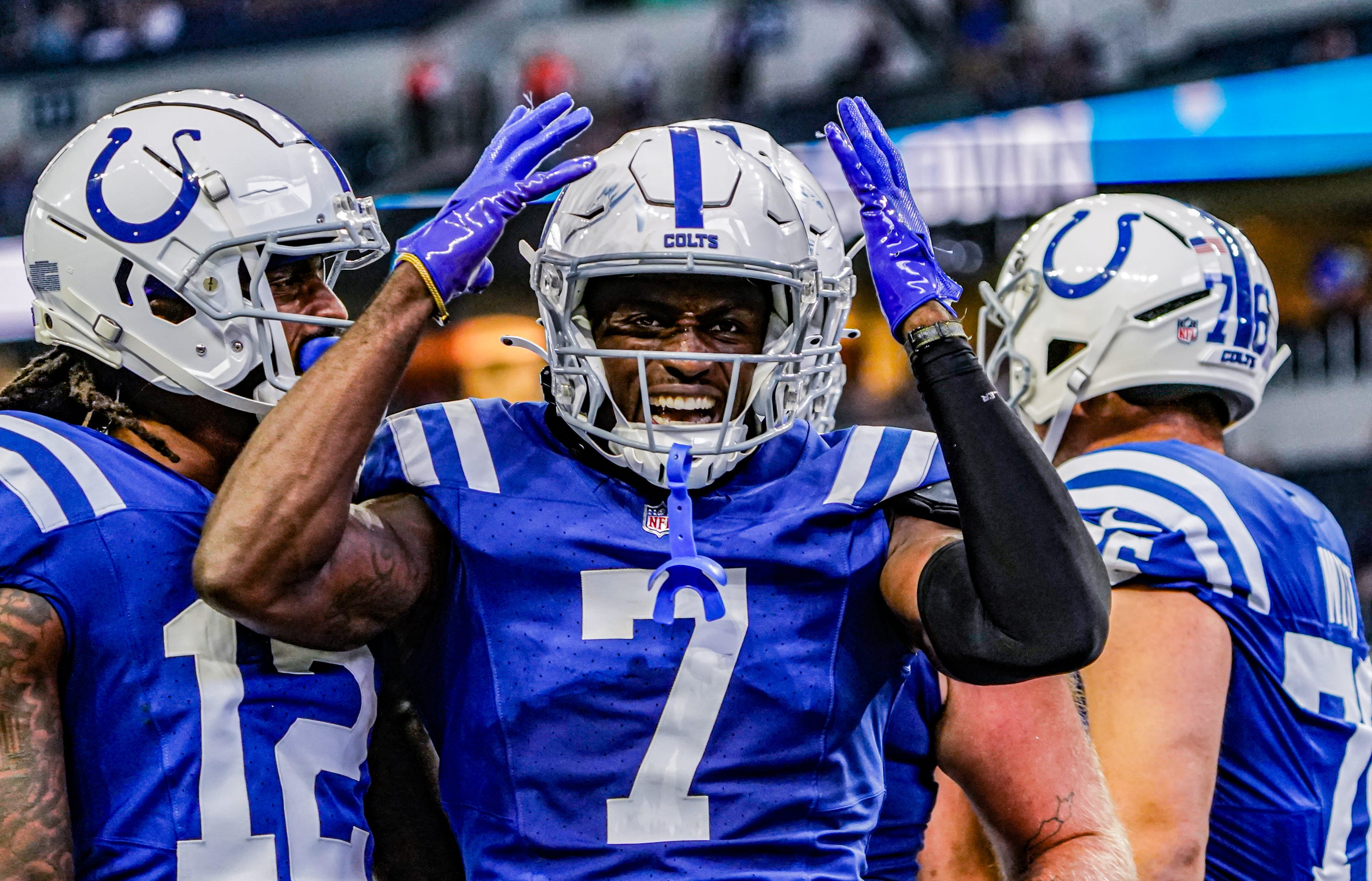 The Indianapolis Colts celebrate a touchdown by Indianapolis Colts wide receiver Laquon Treadwell (7) during a pre-season game between the Indianapolis Colts and the Denver Broncos on Sunday, August. 11, 2024 at Lucas Oil Stadium in Indianapolis.