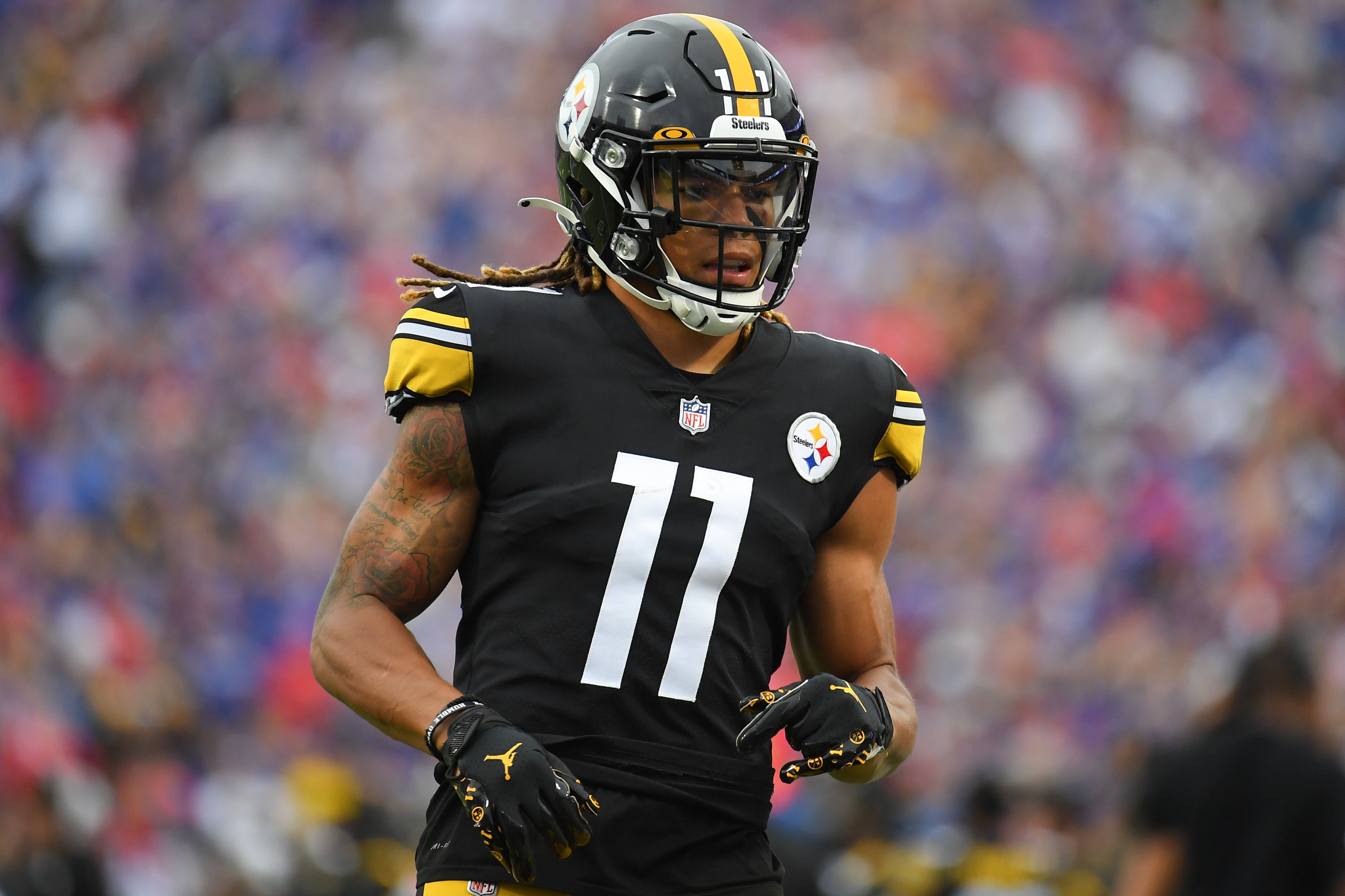 Sep 12, 2021; Orchard Park, New York, USA; Pittsburgh Steelers wide receiver Chase Claypool (11) looks on against the Buffalo Bills during the first half at Highmark Stadium. Mandatory Credit: Rich Barnes-USA TODAY Sports