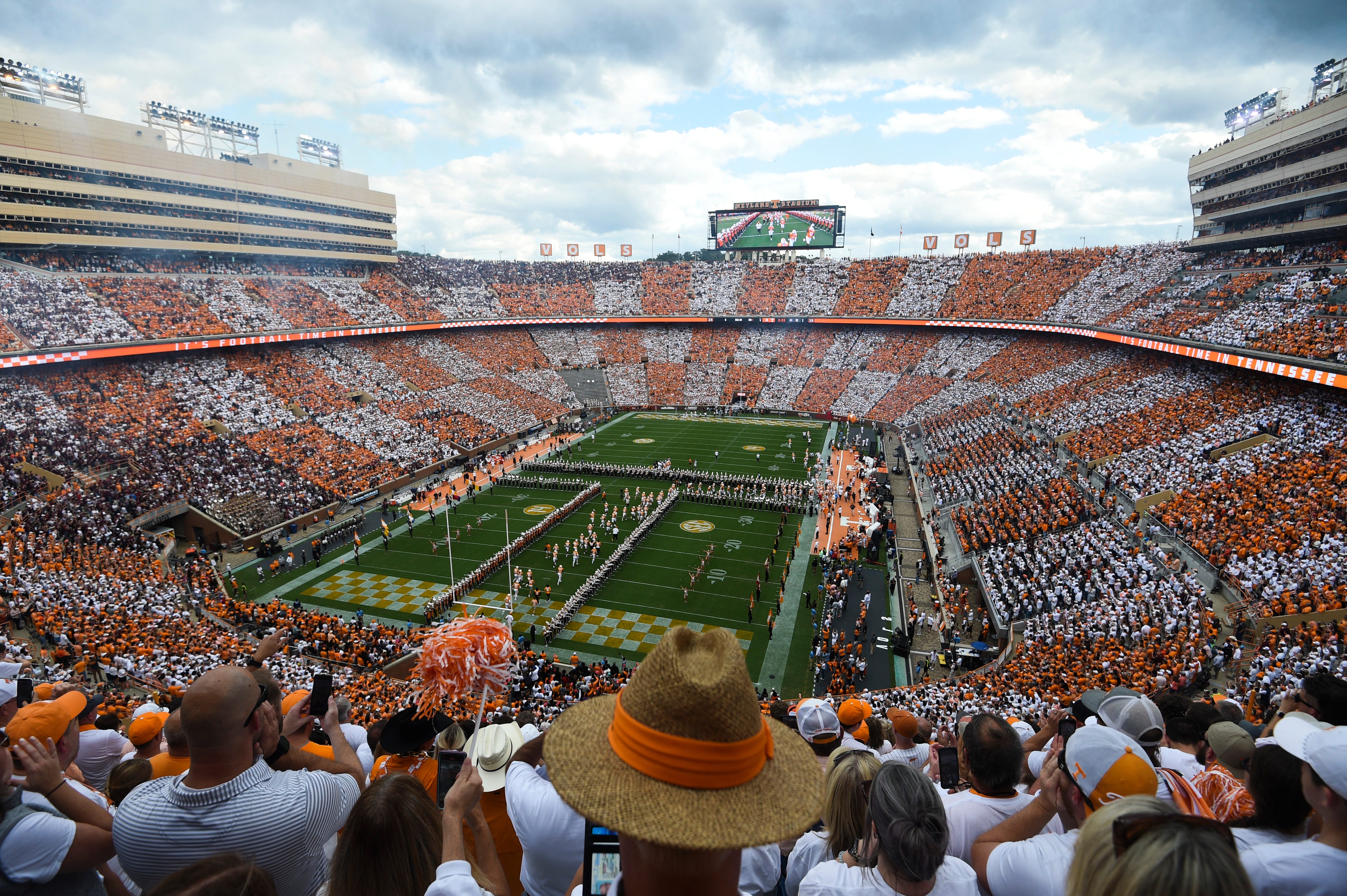 Tennessee runs through the Power T before kickoff at a football game between Tennessee and Texas A&M at Neyland Stadium in Knoxville, Tenn., on Saturday, Oct. 14, 2023.