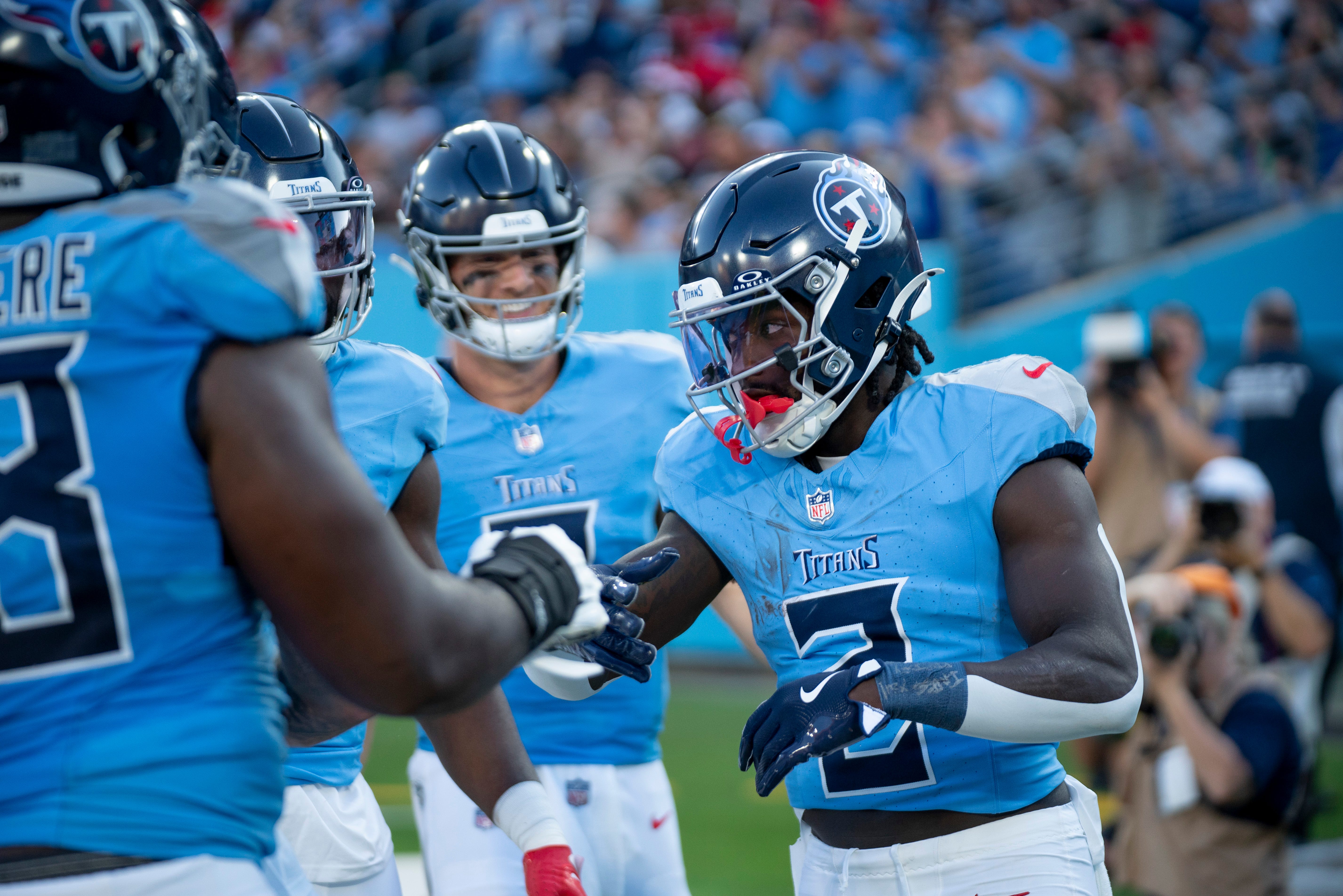 Tennessee Titans running back Tyjae Spears (2) celebrates his touchdown in the second quarter during their first preseason game of the 2024-25 season at Nissan Stadium Saturday, Aug. 10, 2024 Denny Simmons / The Tennessean-USA TODAY NETWORK