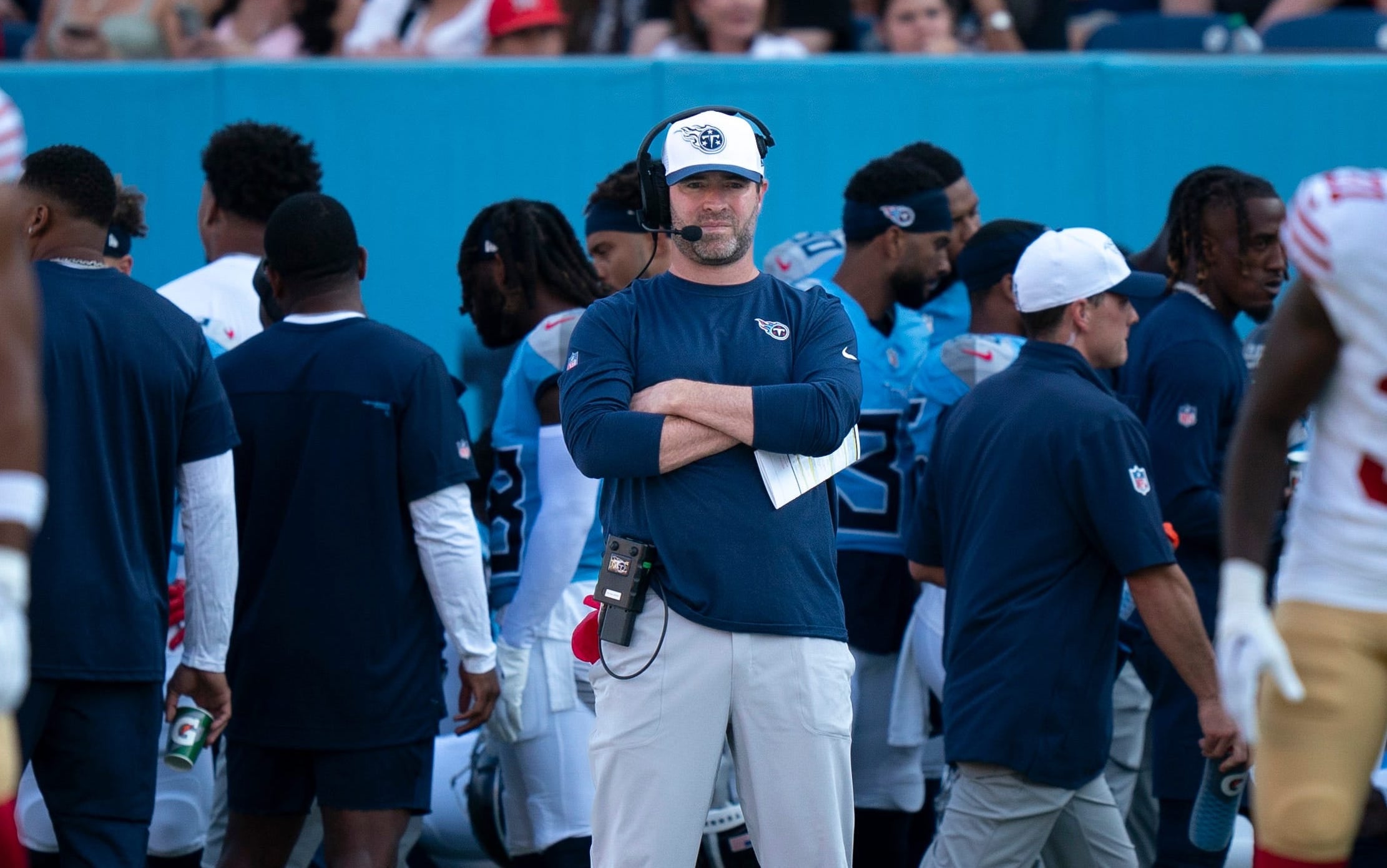 Tennessee Titans Head Coach Brian Callahan works the sideline during their first preseason game of the 2024-25 season against the San Francisco 49ers at Nissan Stadium Saturday, Aug. 10, 2024 Denny Simmons / The Tennessean-USA TODAY NETWORK