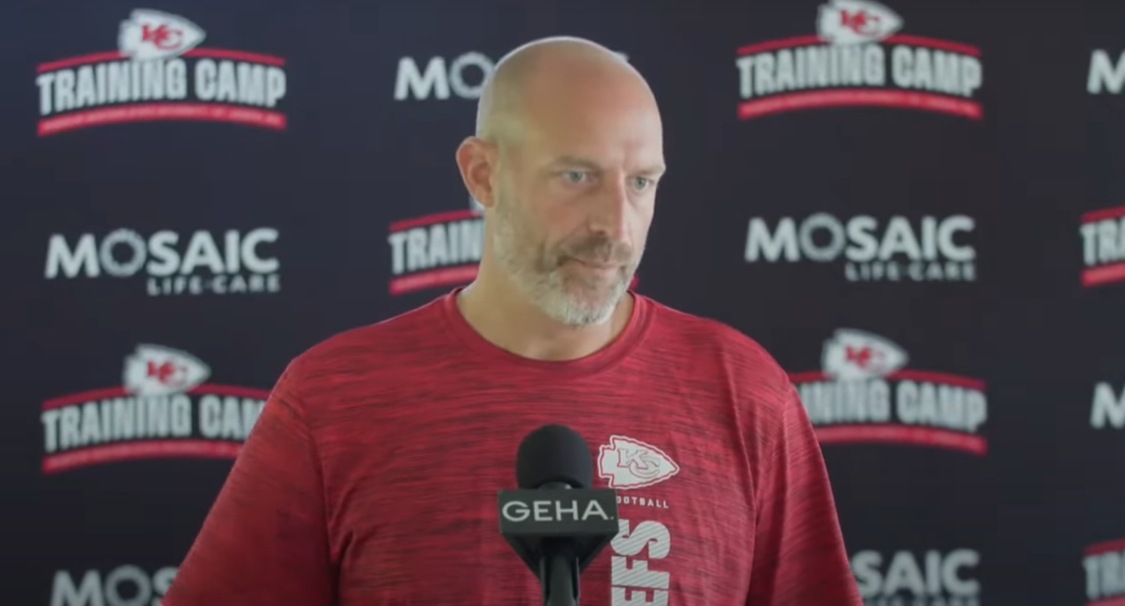 Chiefs OC Matt Nagy at the podium on Tuesday.