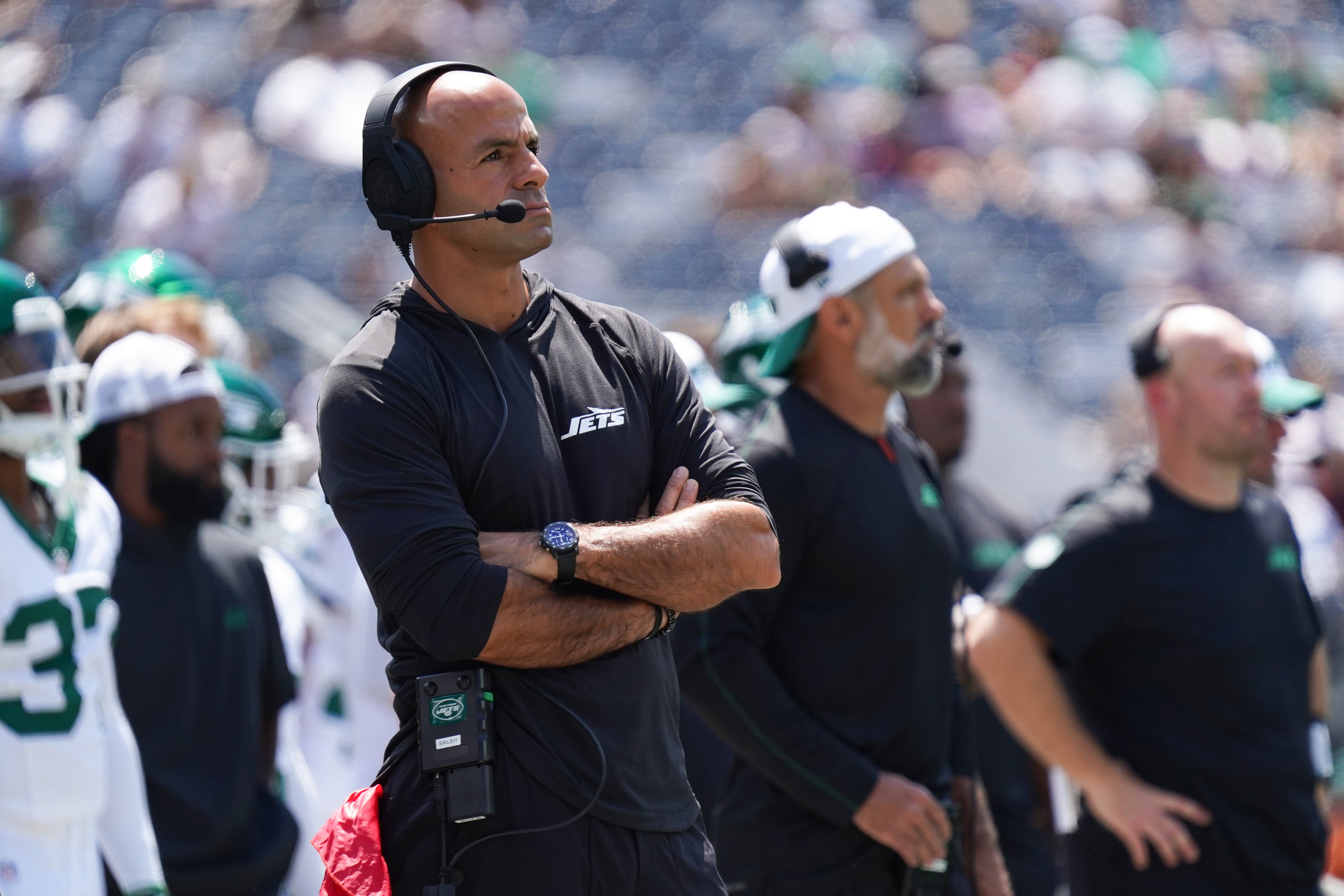 New York Jets heads coach Robert Saleh looks on during the first quarter against the Washington Commanders at MetLife Stadium.