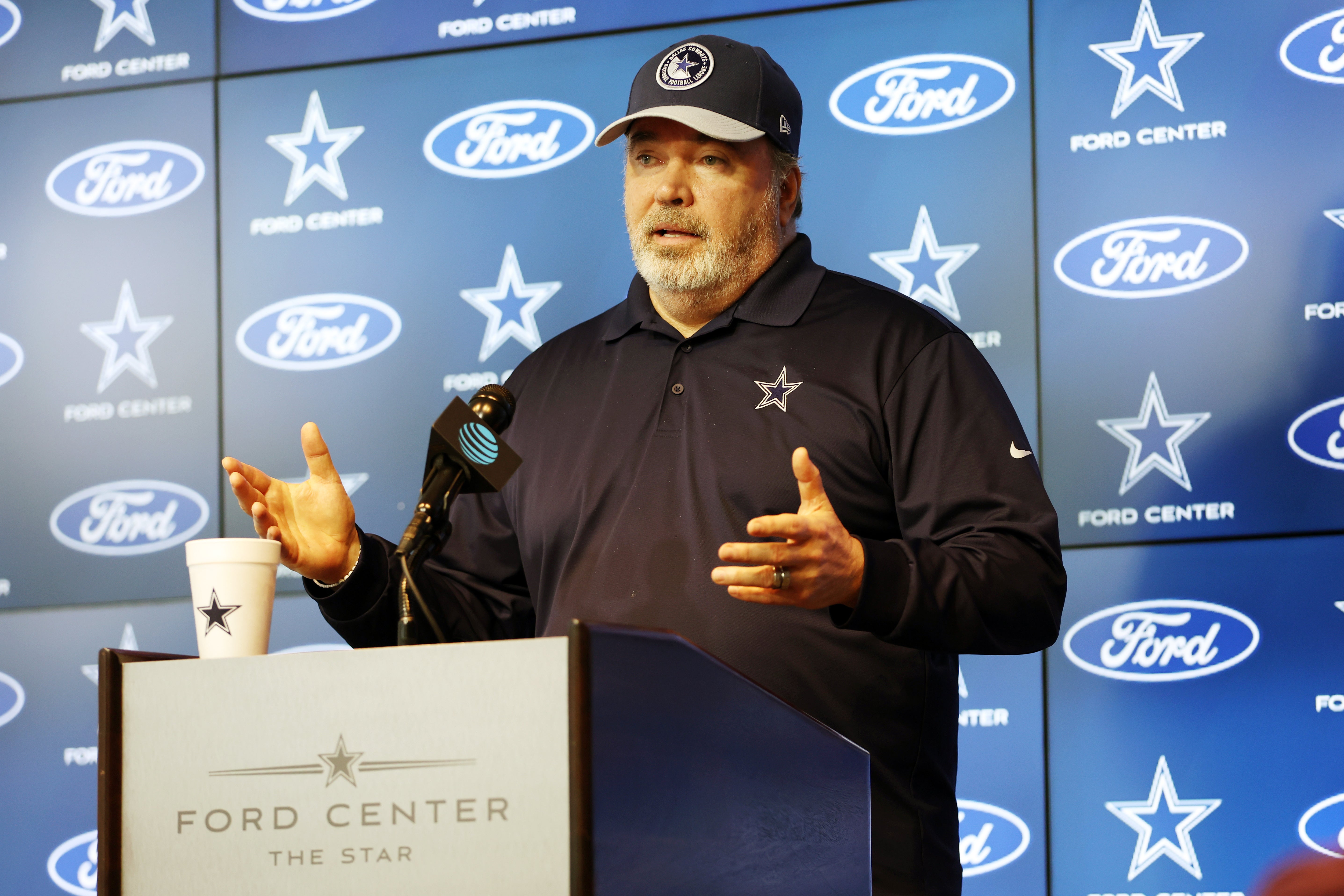 Dallas Cowboys head coach Mike McCarthy addresses the media before practice at the Ford Center at the Star Training Facility in Frisco, Texas.