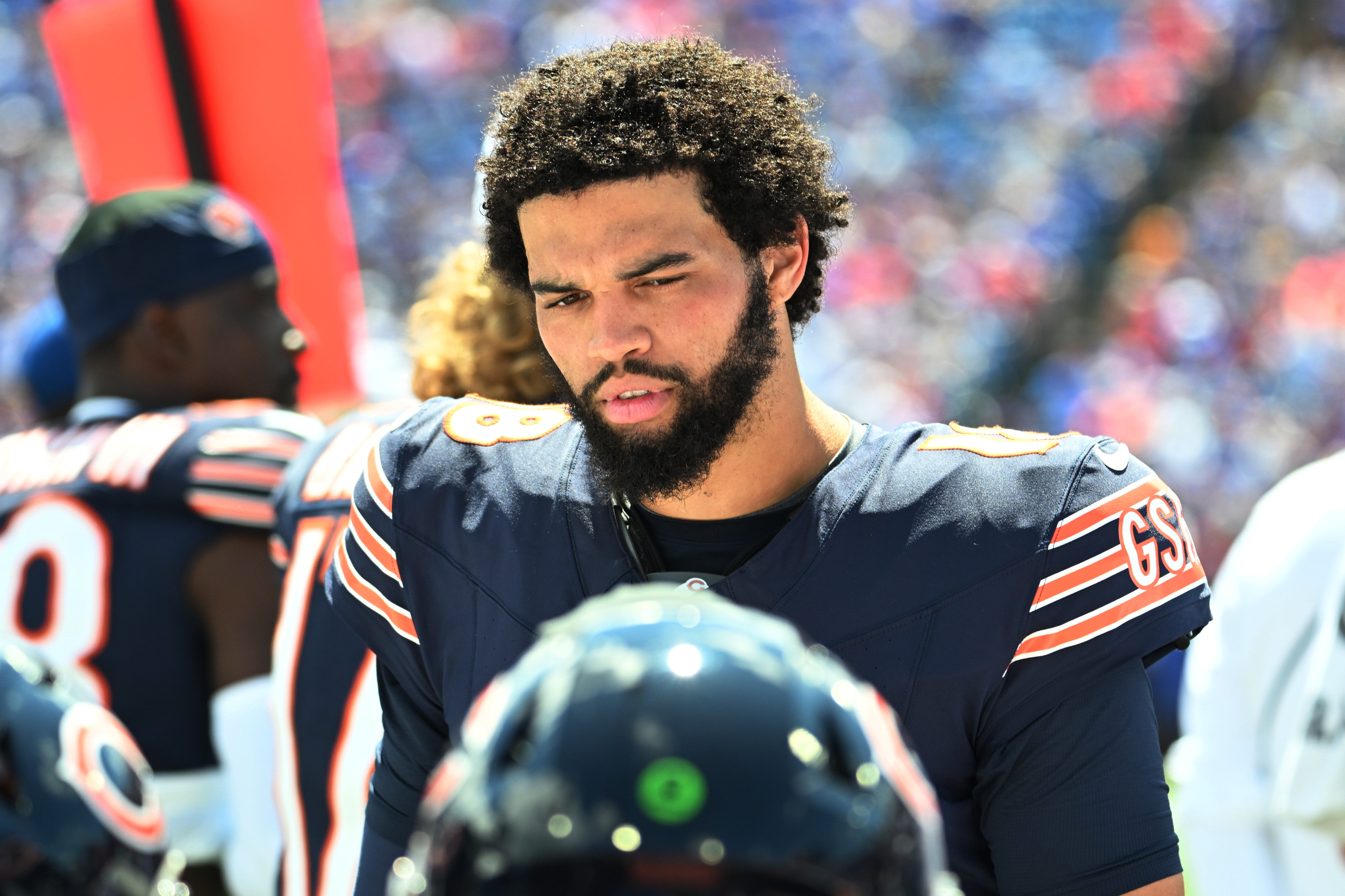 Aug 10, 2024; Orchard Park, New York, USA; Chicago Bears quarterback Caleb Williams (18) on the sidelines in the second quarter of a pre-season game against the Buffalo Bills at Highmark Stadium.