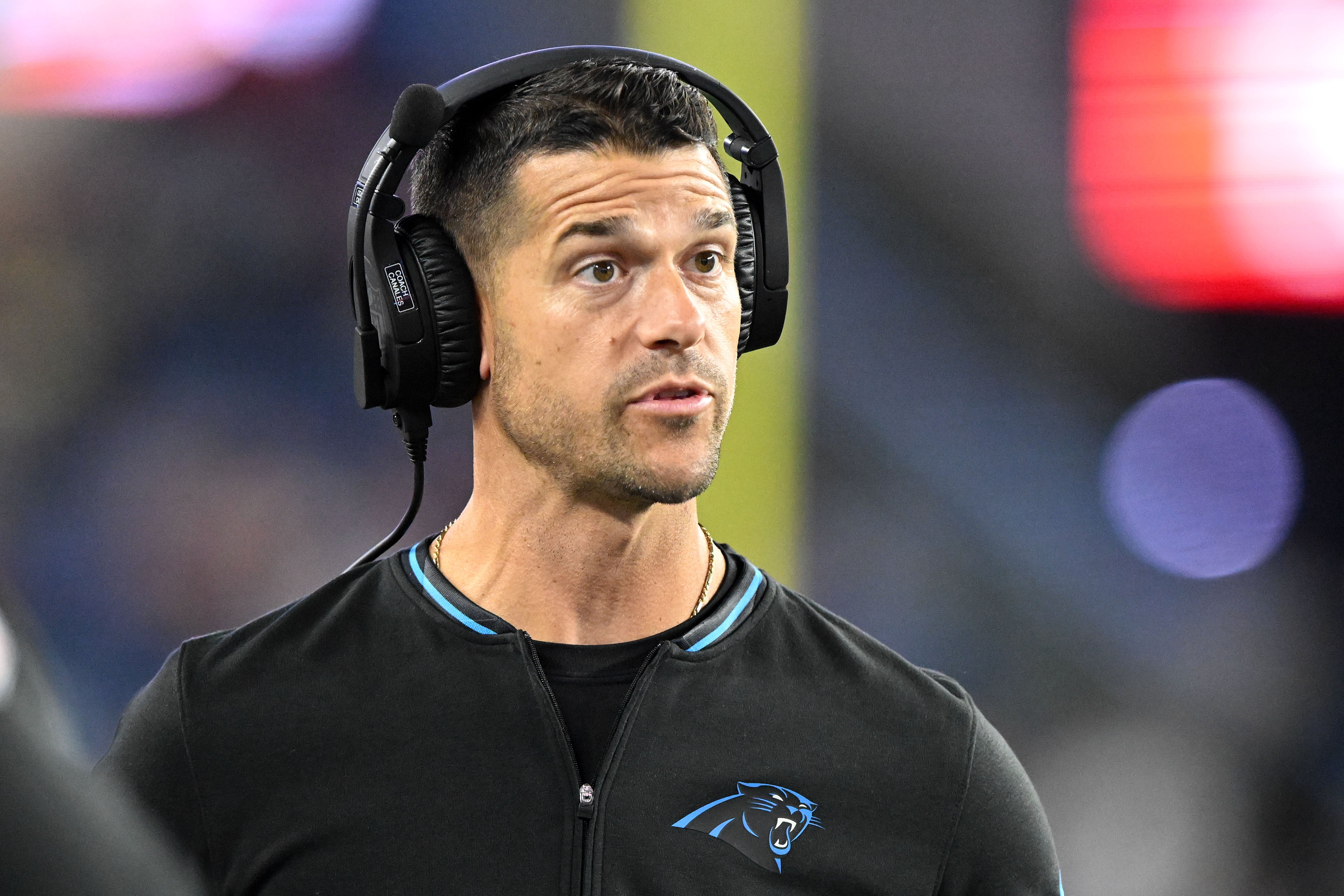 Aug 8, 2024; Foxborough, Massachusetts, USA; Carolina Panthers head coach Dave Canales watches a play against the New England Patriots during the second half at Gillette Stadium. Mandatory Credit: Brian Fluharty-USA TODAY Sports