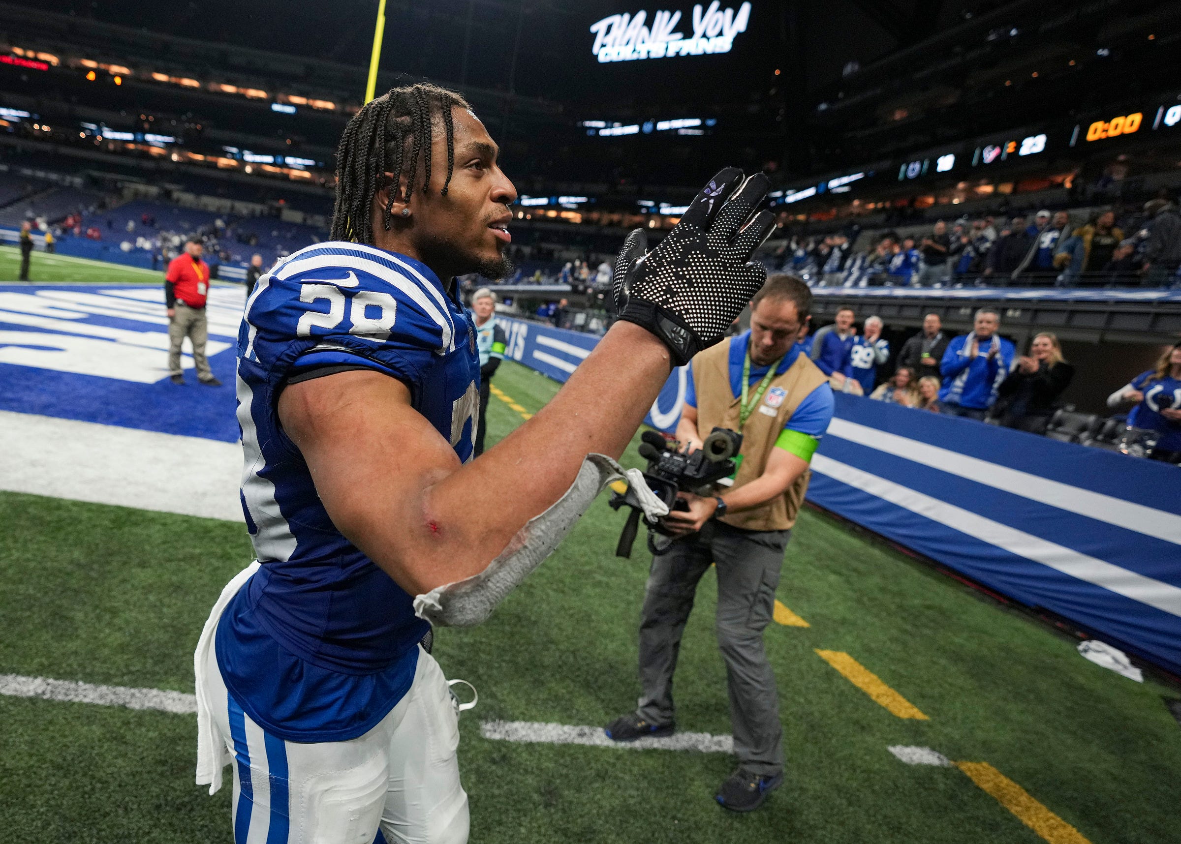 Indianapolis Colts running back Jonathan Taylor (28) leaves the field Saturday, Jan. 6, 2024, after a season-ending 23-19 loss to the Houston Texans at Lucas Oil Stadium in Indianapolis.
