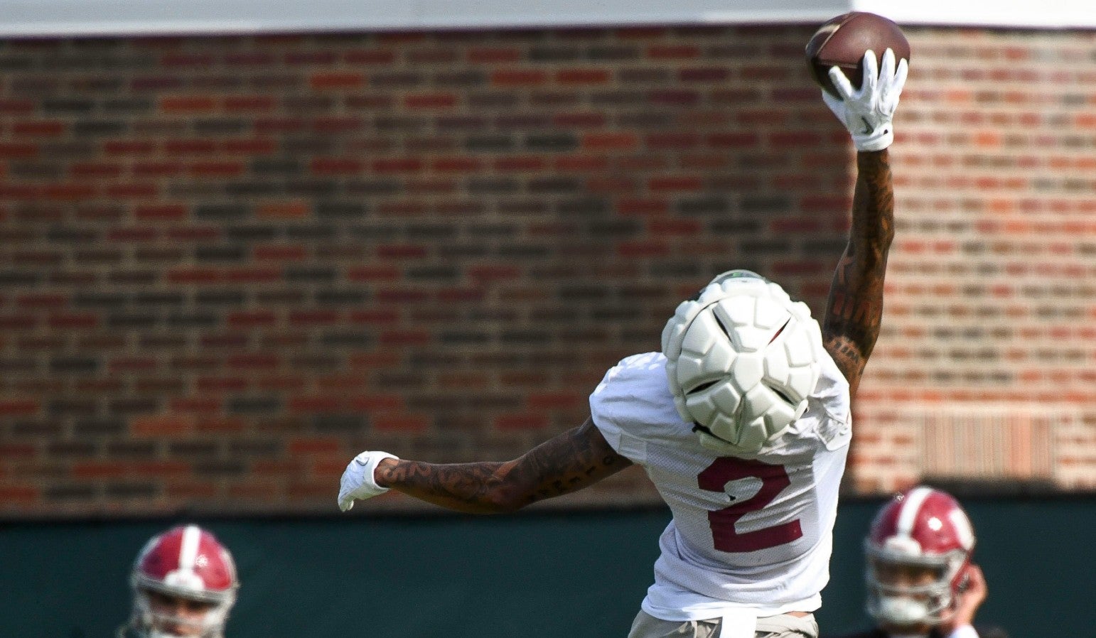The Crimson Tide works out on the first day of practice for the 2024 season Wednesday, July 31, 2024. Alabama wide receiver Ryan Williams (2) makes a one-hand catch.  