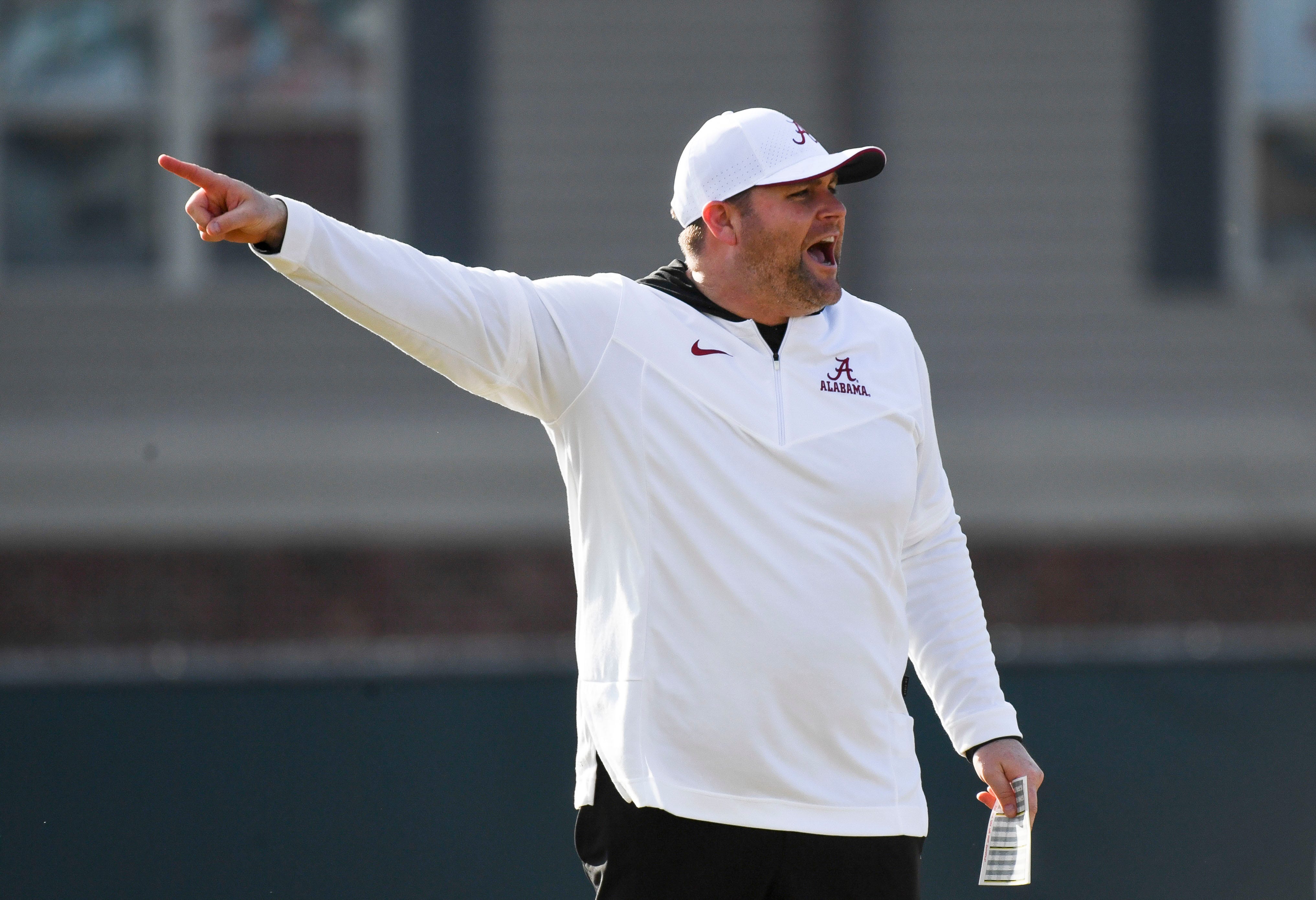 Mar 6, 2024; Tuscaloosa, Alabama, USA; Defensive coordinator Kane Wommack gives directions during practice of the Alabama Crimson Tide football team Wednesday.  