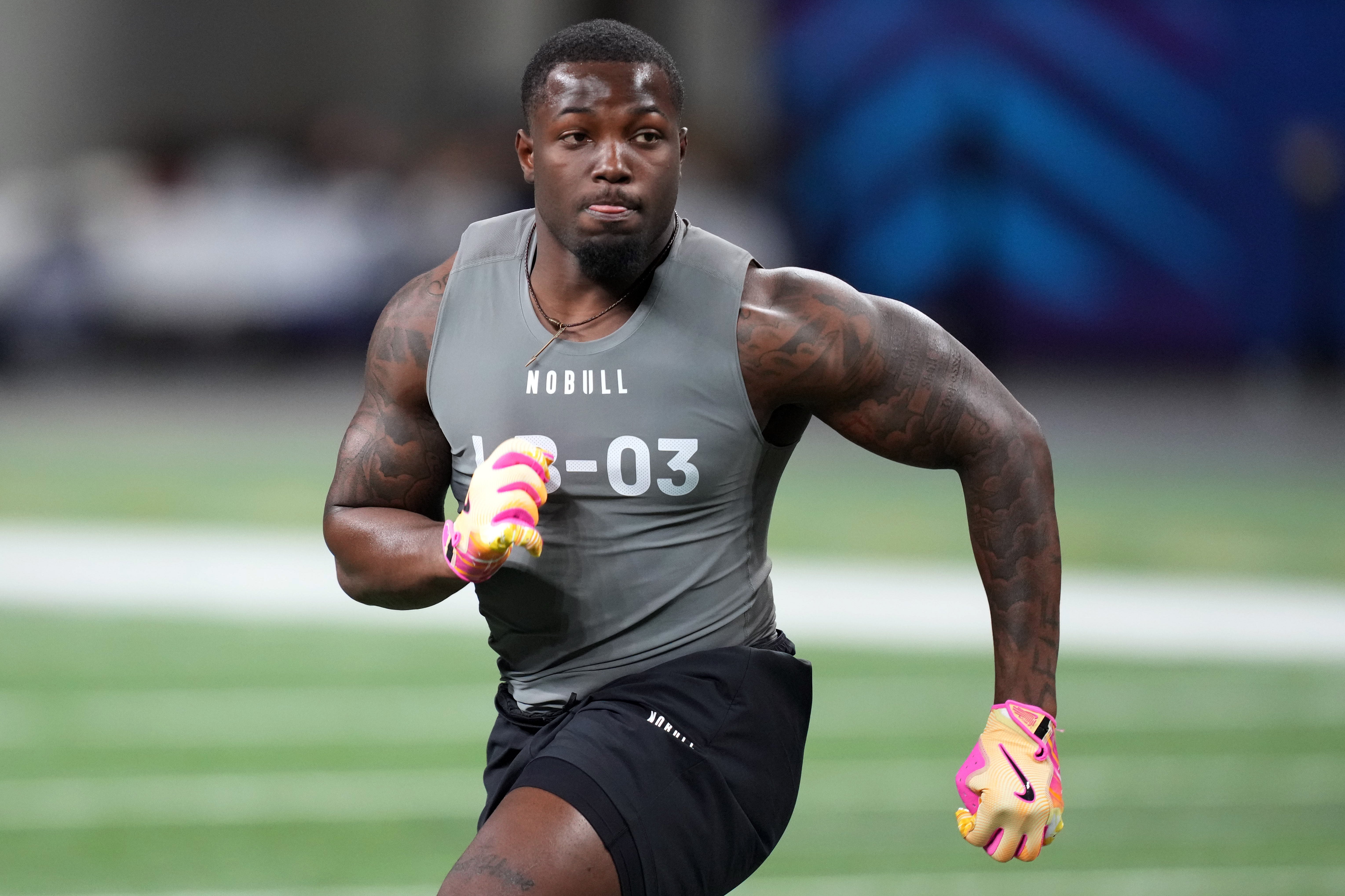 Feb 29, 2024; Indianapolis, IN, USA; Florida State linebacker Tatum Bethune (LB03) works out during the 2024 NFL Combine at Lucas Oil Stadium.
